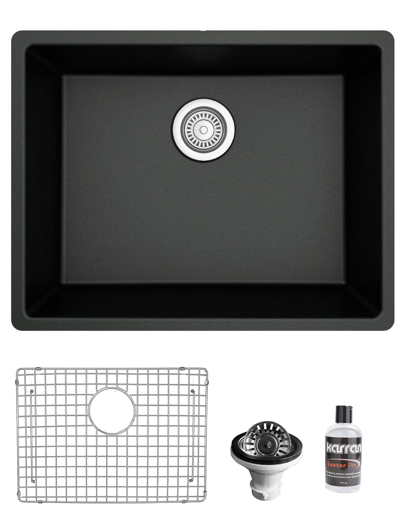 Karran 24" Undermount Quartz Composite Kitchen Sink with Accessories, Black, QU-820-BL-PK1