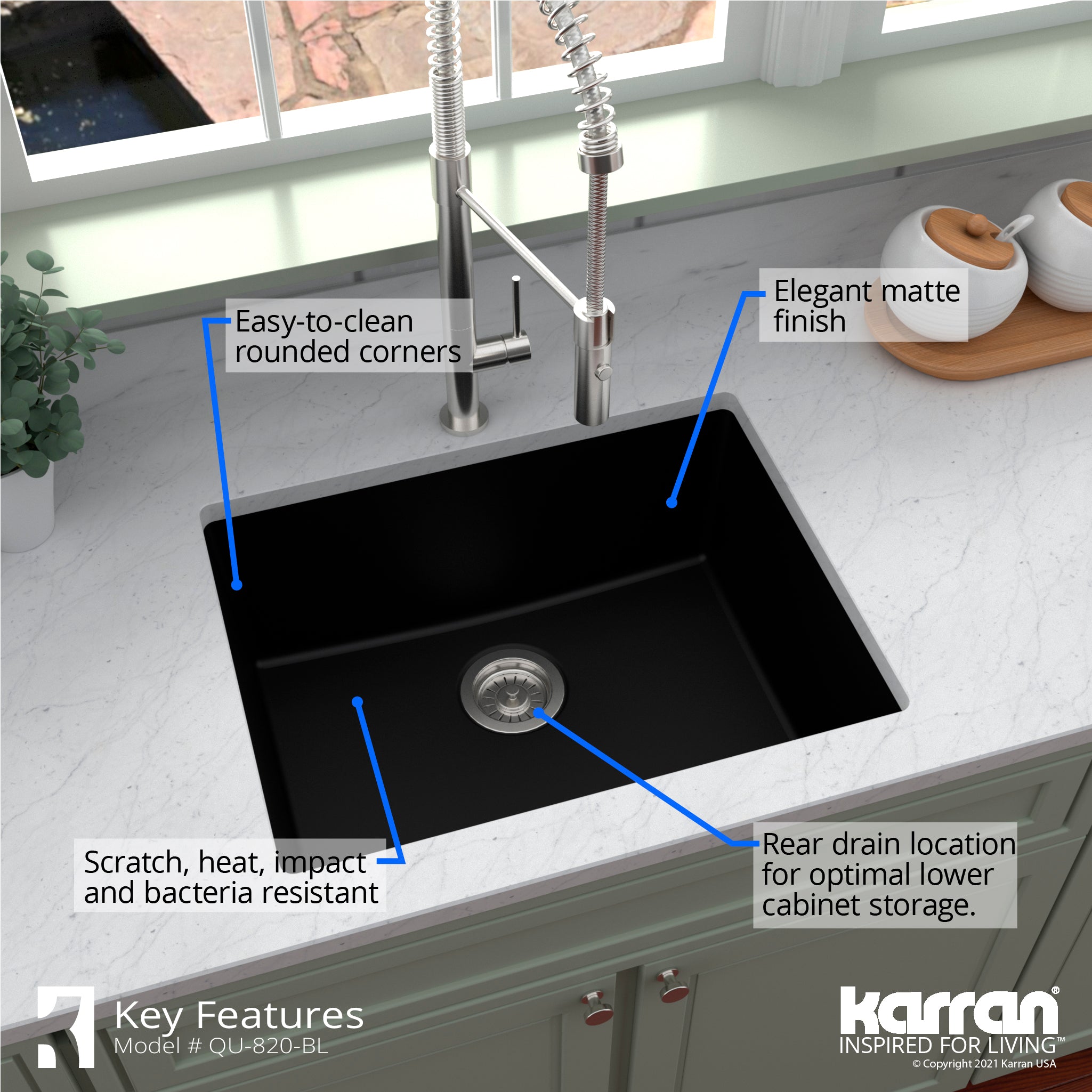 Karran 24" Undermount Quartz Composite Kitchen Sink, Black, QU-820-BL