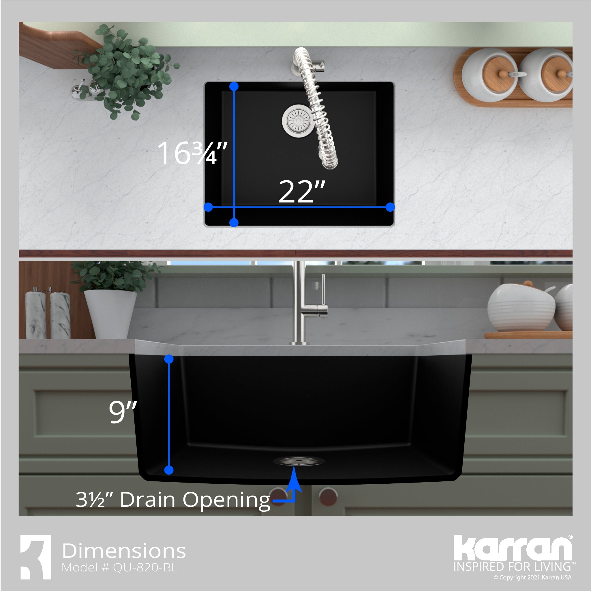 Karran 24" Undermount Quartz Composite Kitchen Sink, Black, QU-820-BL