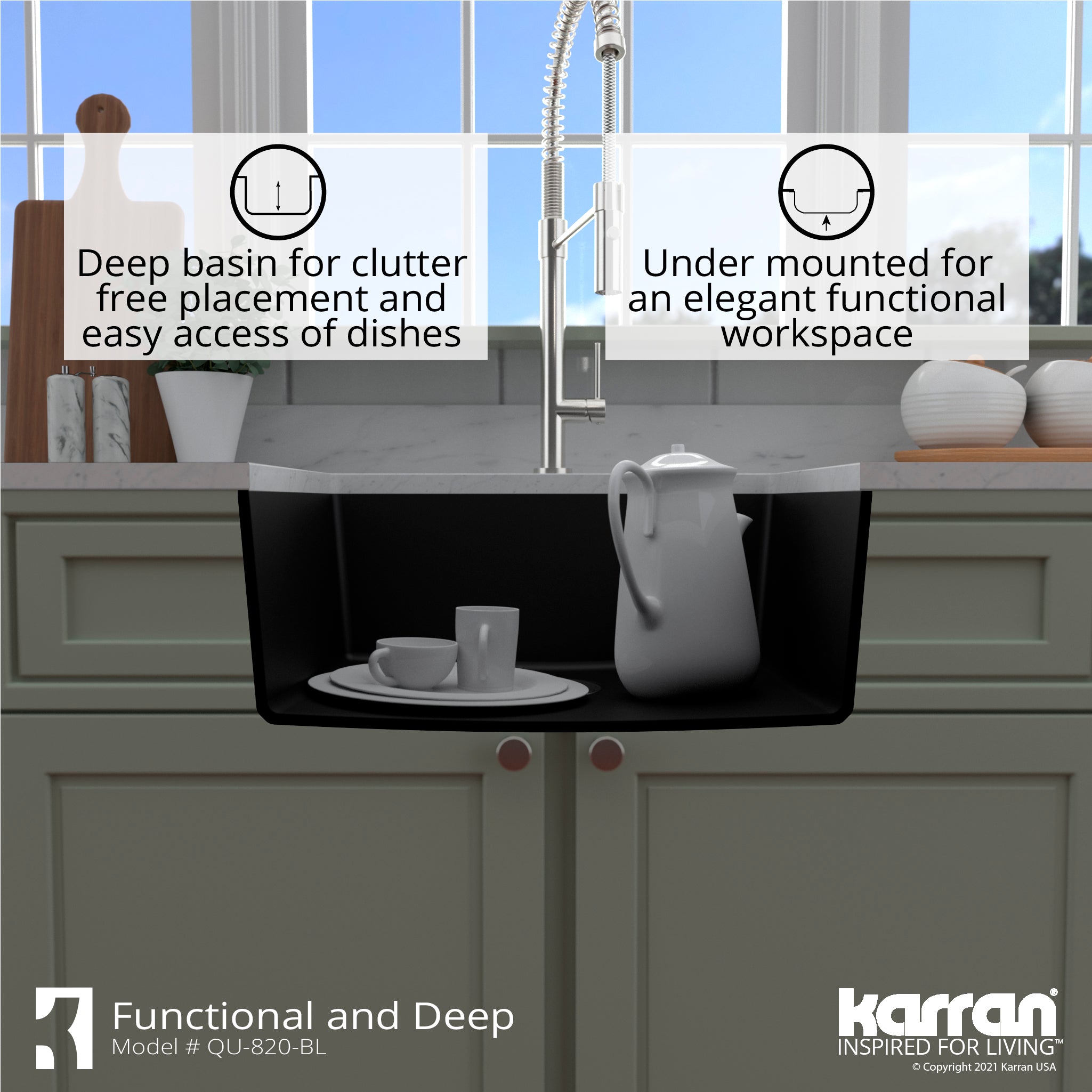 Karran 24" Undermount Quartz Composite Kitchen Sink, Black, QU-820-BL