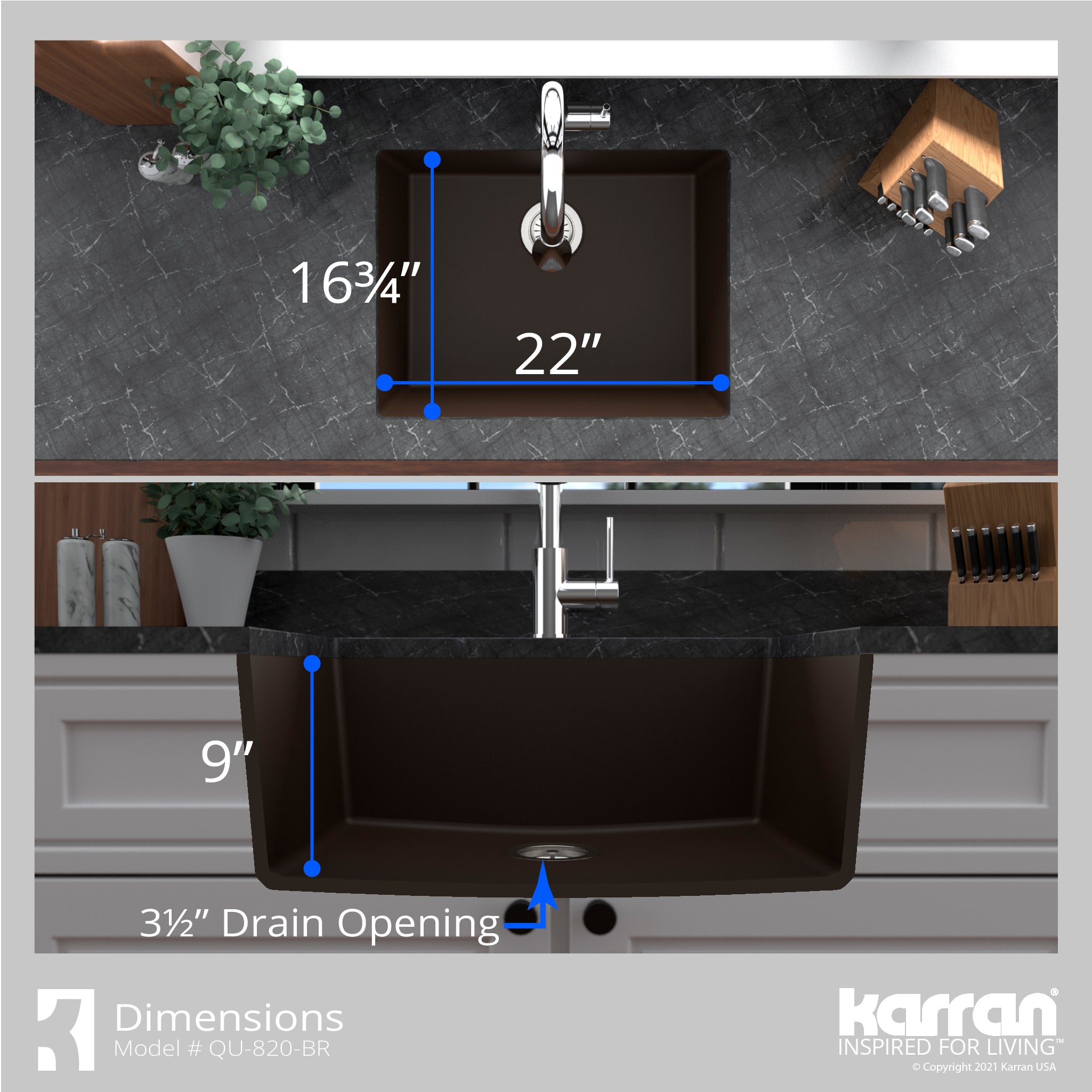 Karran 24" Undermount Quartz Composite Kitchen Sink, Brown, QU-820-BR