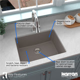 Karran 24" Undermount Quartz Composite Kitchen Sink with Accessories, Concrete, QU-820-CN-PK1