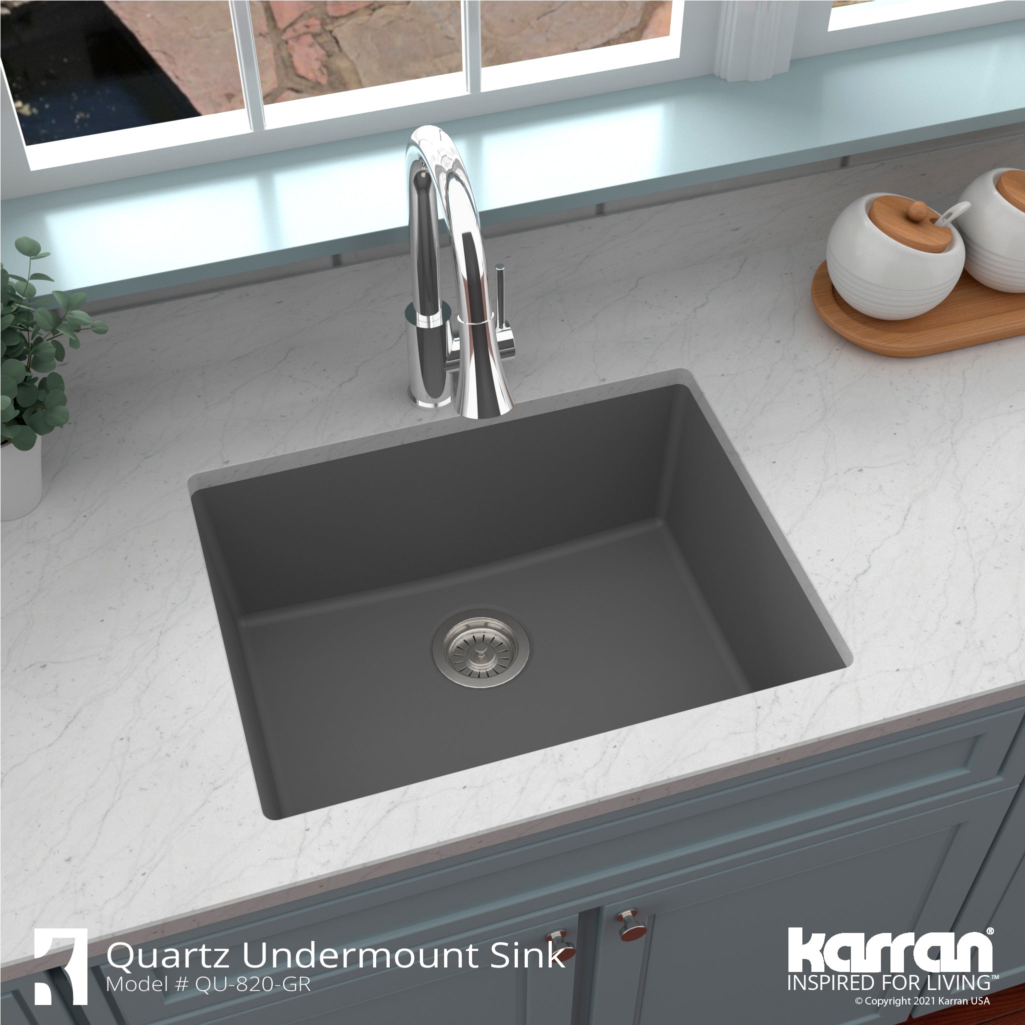 Karran 24" Undermount Quartz Composite Kitchen Sink, Grey, QU-820-GR