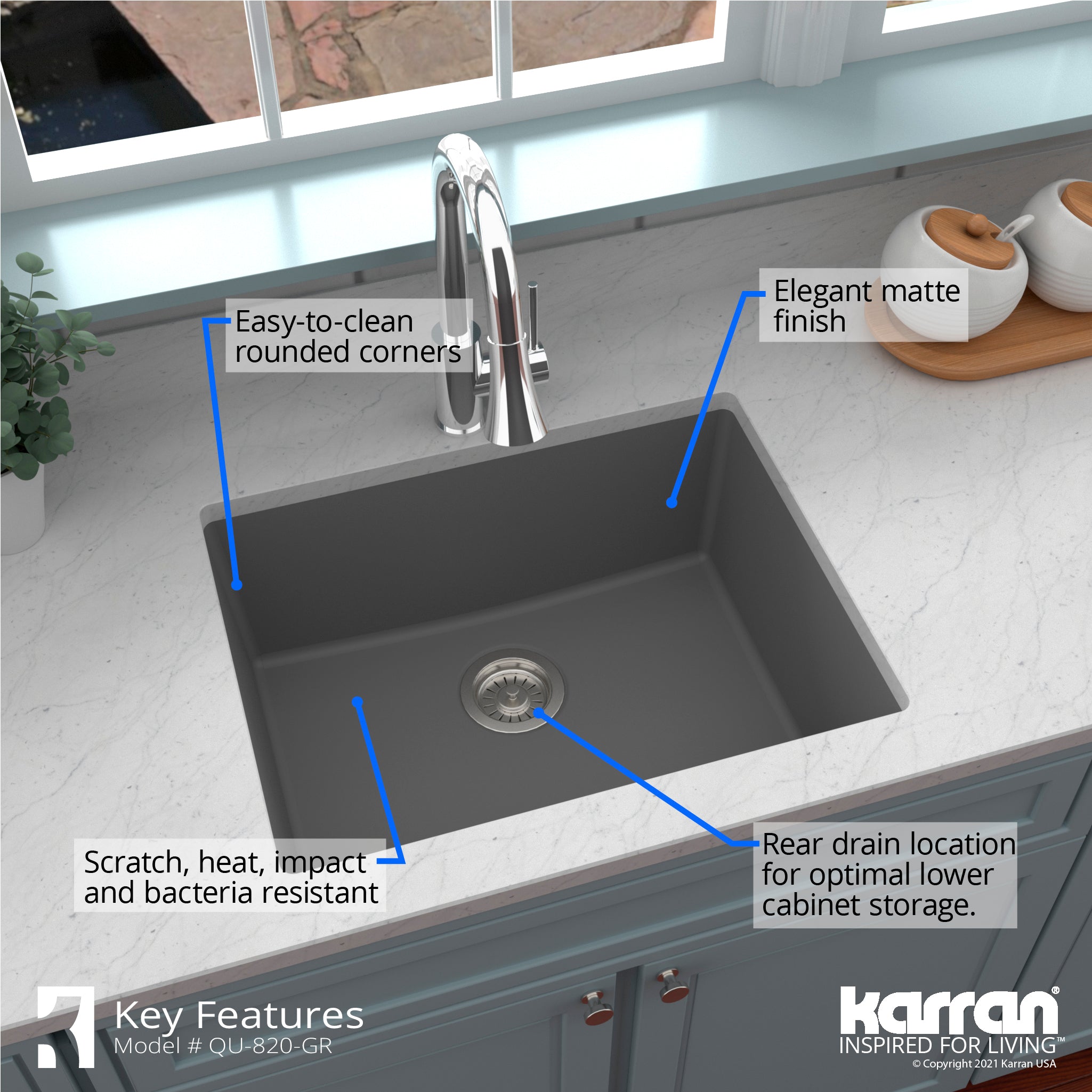 Karran 24" Undermount Quartz Composite Kitchen Sink, Grey, QU-820-GR