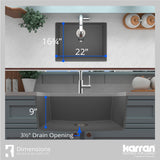 Karran 24" Undermount Quartz Composite Kitchen Sink with Accessories, Grey, QU-820-GR-PK1