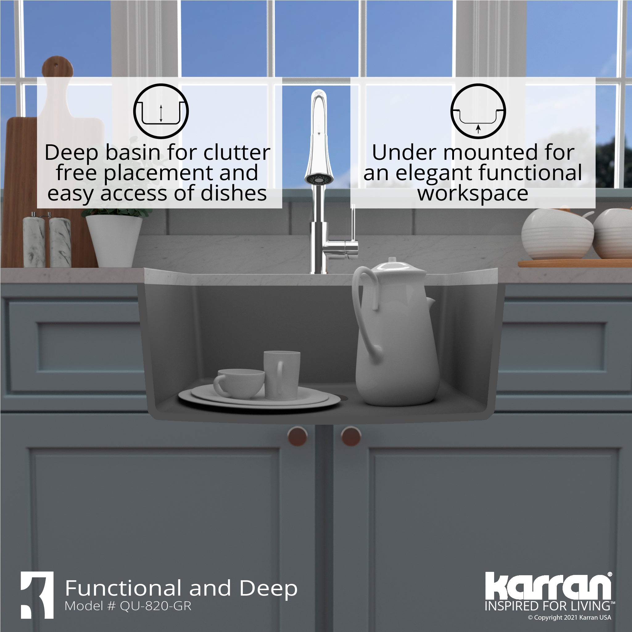 Karran 24" Undermount Quartz Composite Kitchen Sink, Grey, QU-820-GR