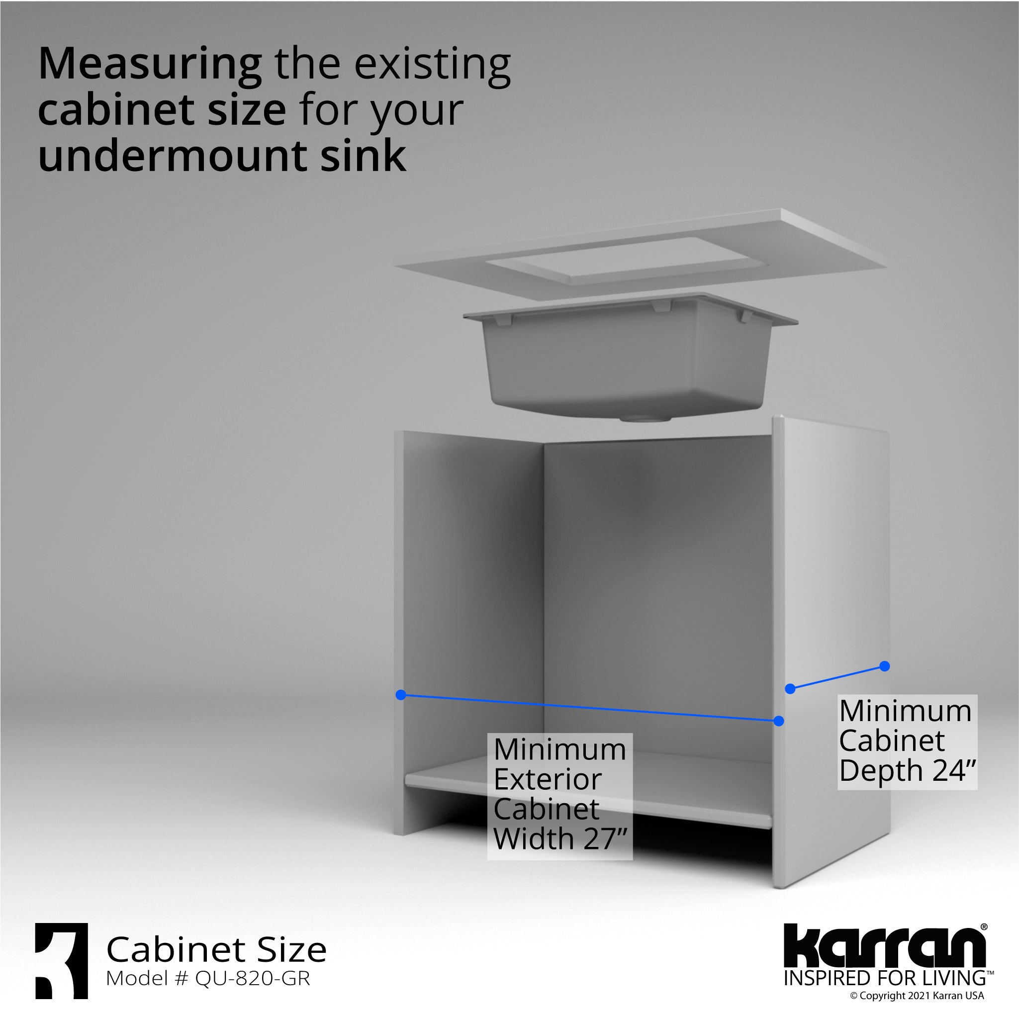 Karran 24" Undermount Quartz Composite Kitchen Sink, Grey, QU-820-GR