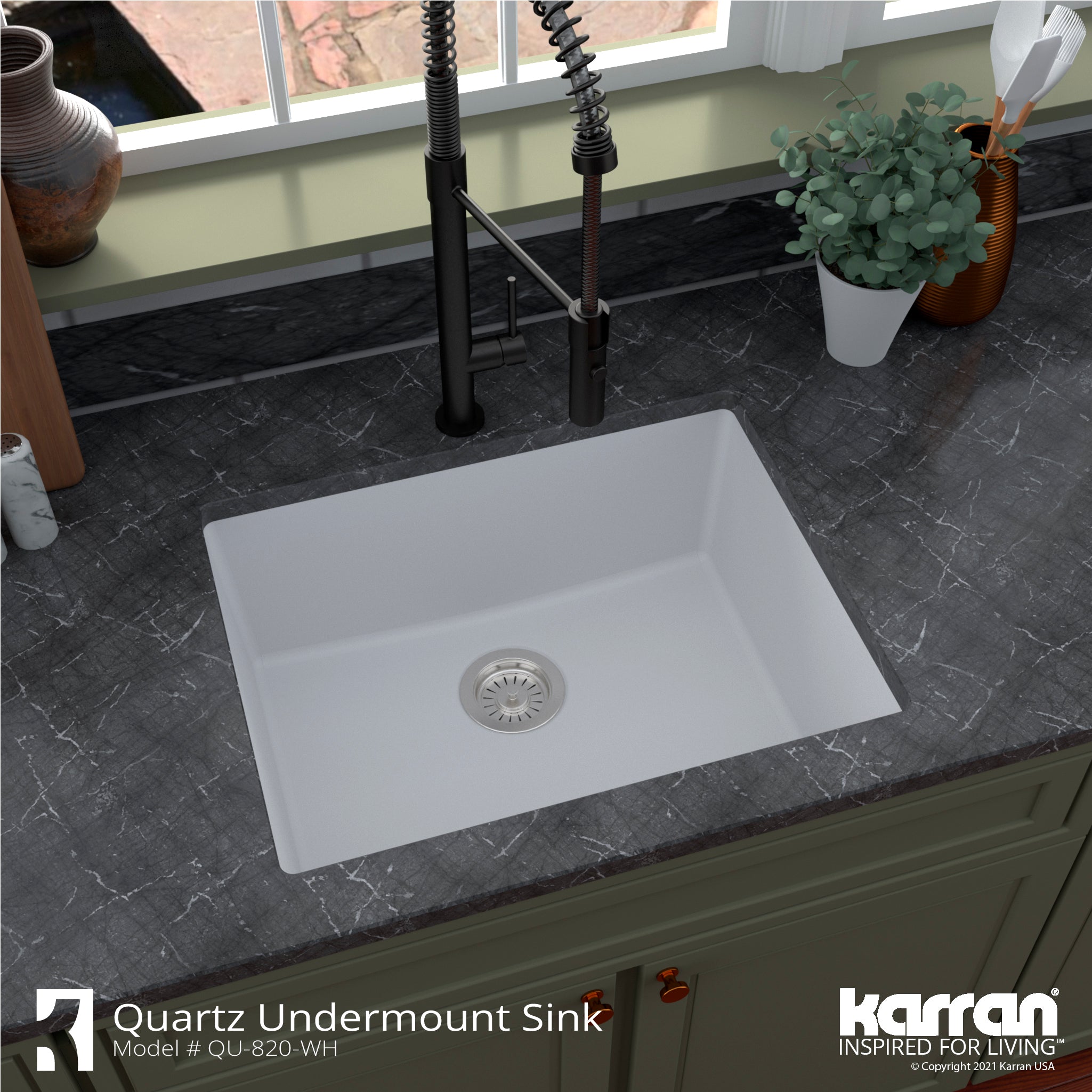 Karran 24" Undermount Quartz Composite Kitchen Sink with Accessories, White, QU-820-WH-PK1
