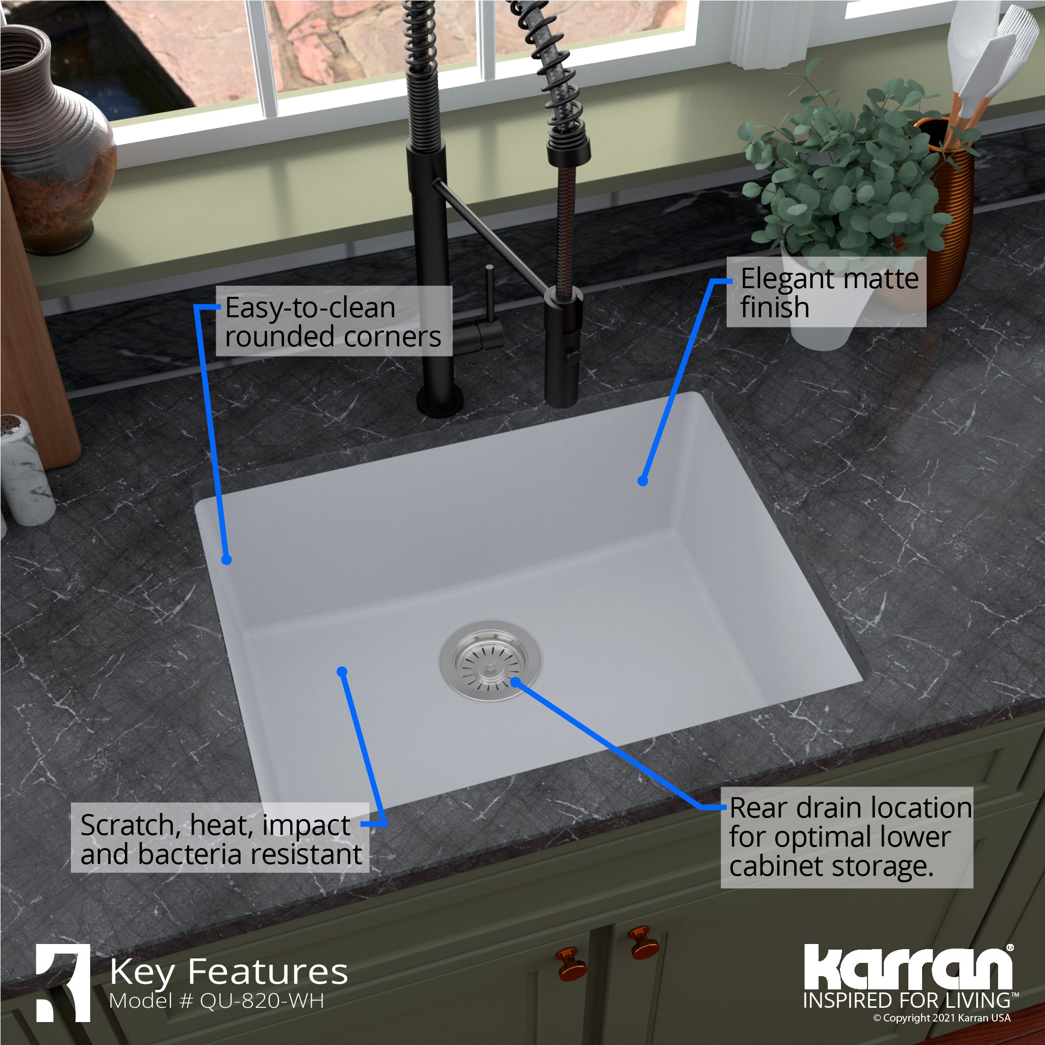 Karran 24" Undermount Quartz Composite Kitchen Sink with Accessories, White, QU-820-WH-PK1