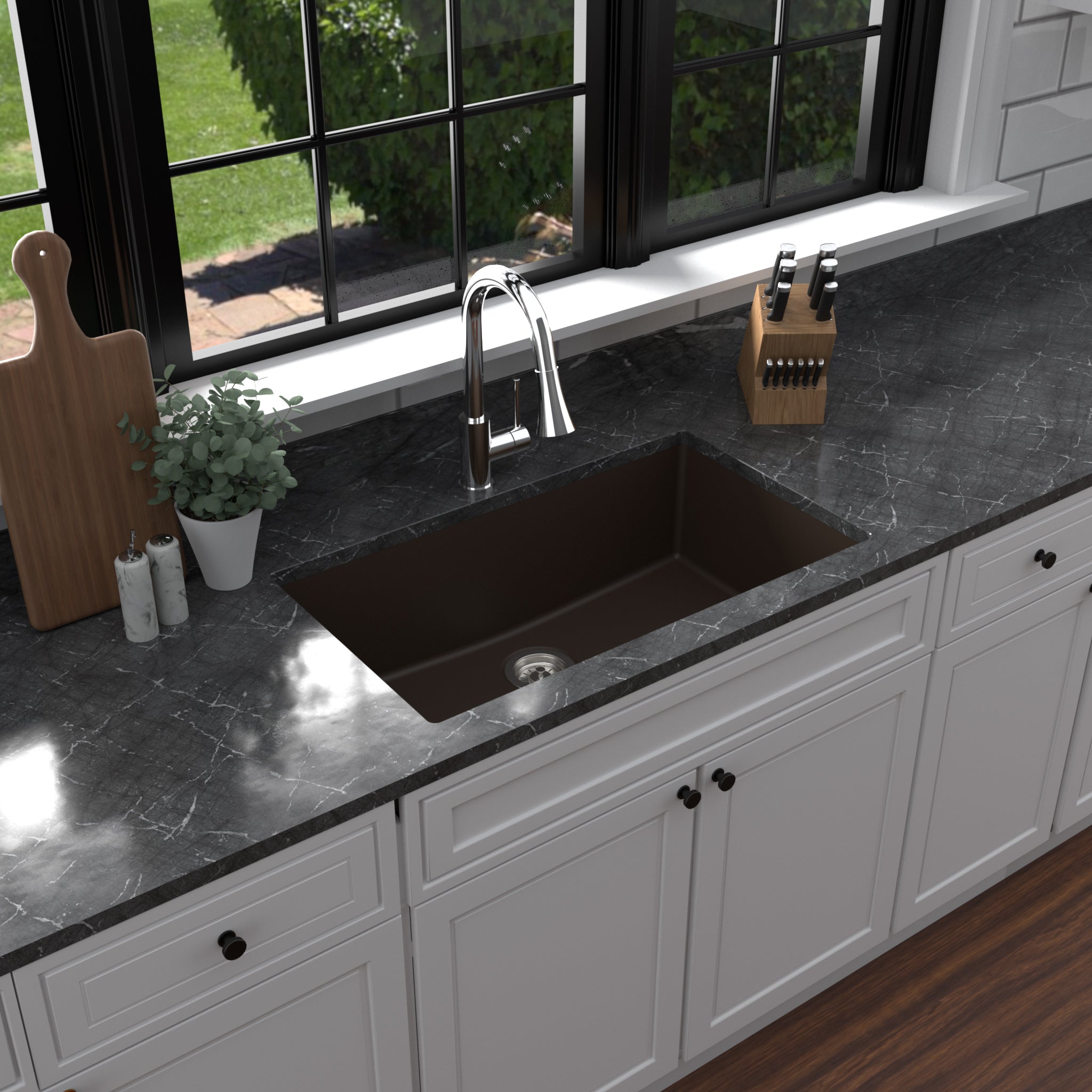 Karran 32" Undermount Quartz Composite Kitchen Sink with Accessories, Brown, QU-812-BR-PK1