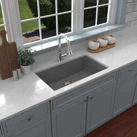 Karran 32" Undermount Quartz Composite Kitchen Sink, Grey, QU-812-GR