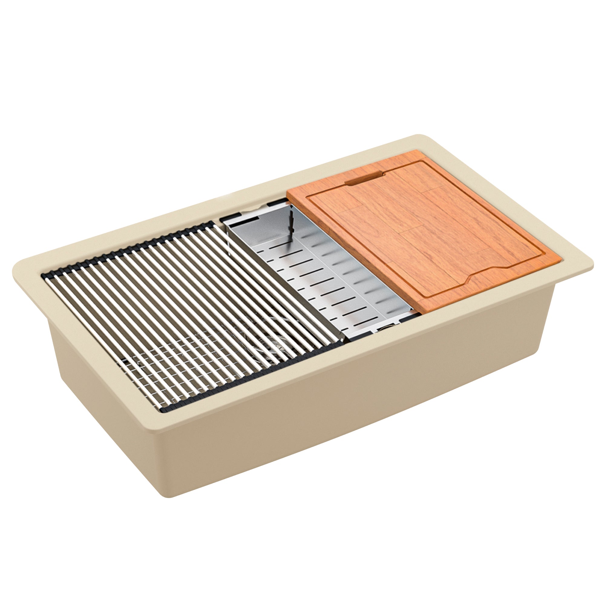 Karran 33" Undermount Quartz Composite Workstation Kitchen Sink with Accessories, Bisque, QUWS-875-BI