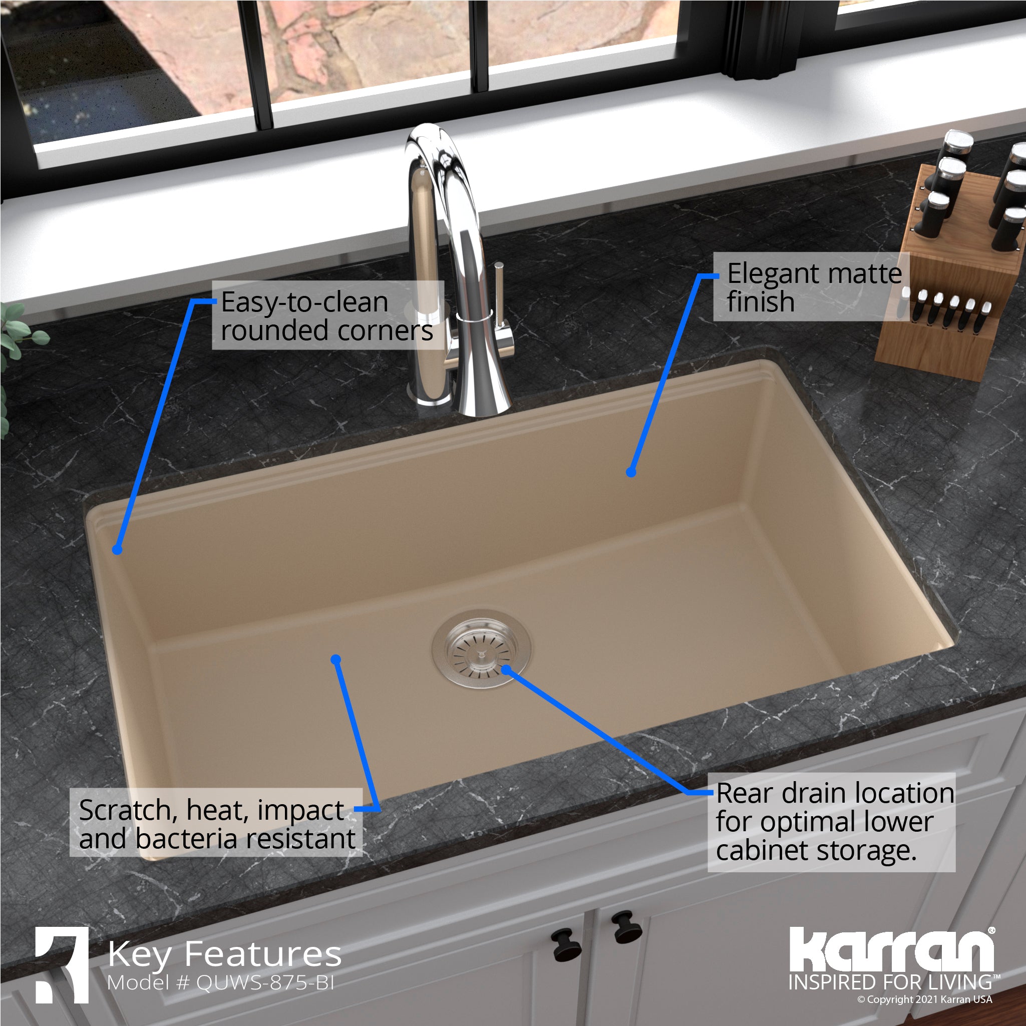 Karran 33" Undermount Quartz Composite Workstation Kitchen Sink with Accessories, Bisque, QUWS-875-BI
