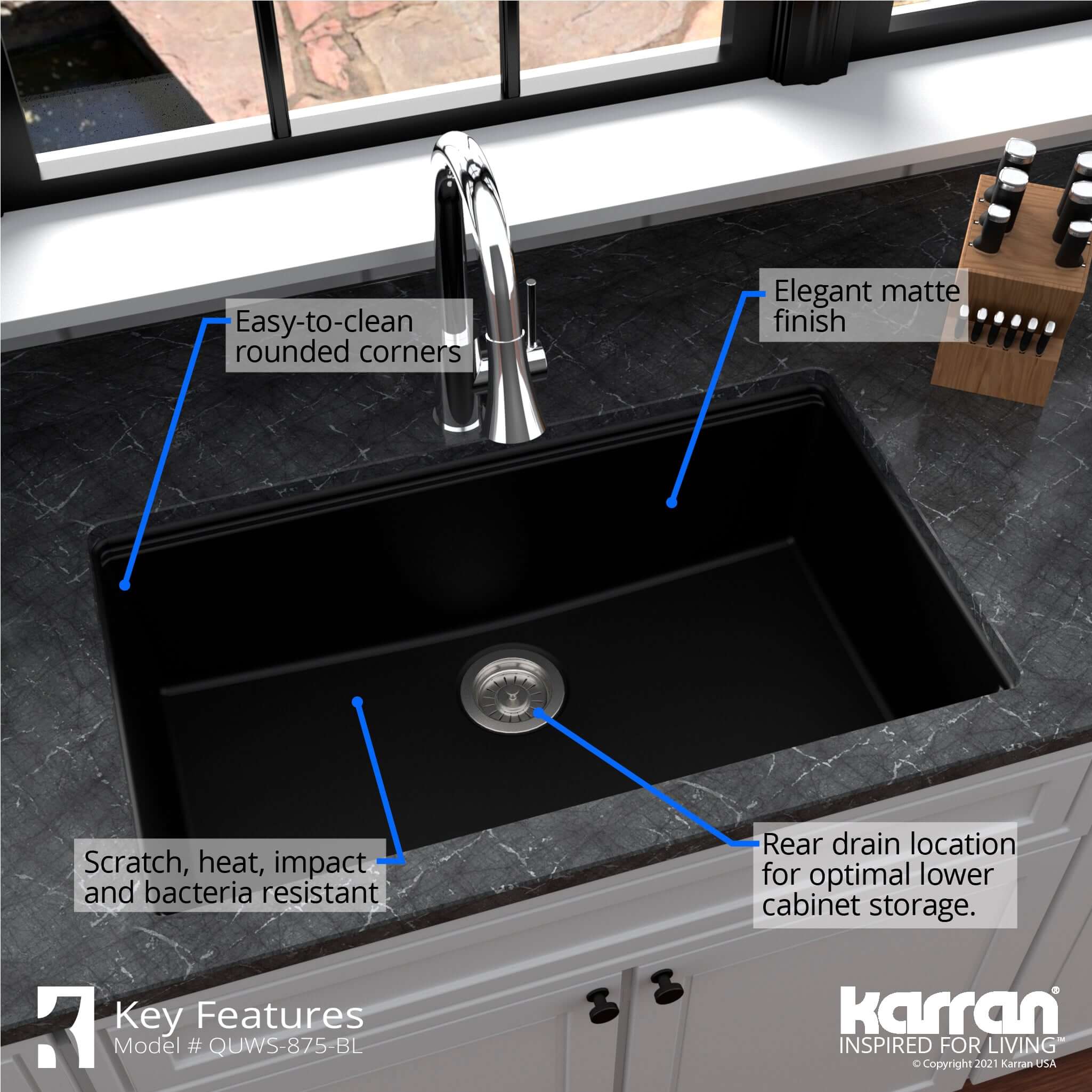 Karran 33" Undermount Quartz Composite Workstation Kitchen Sink with Accessories, Black, QUWS-875-BL