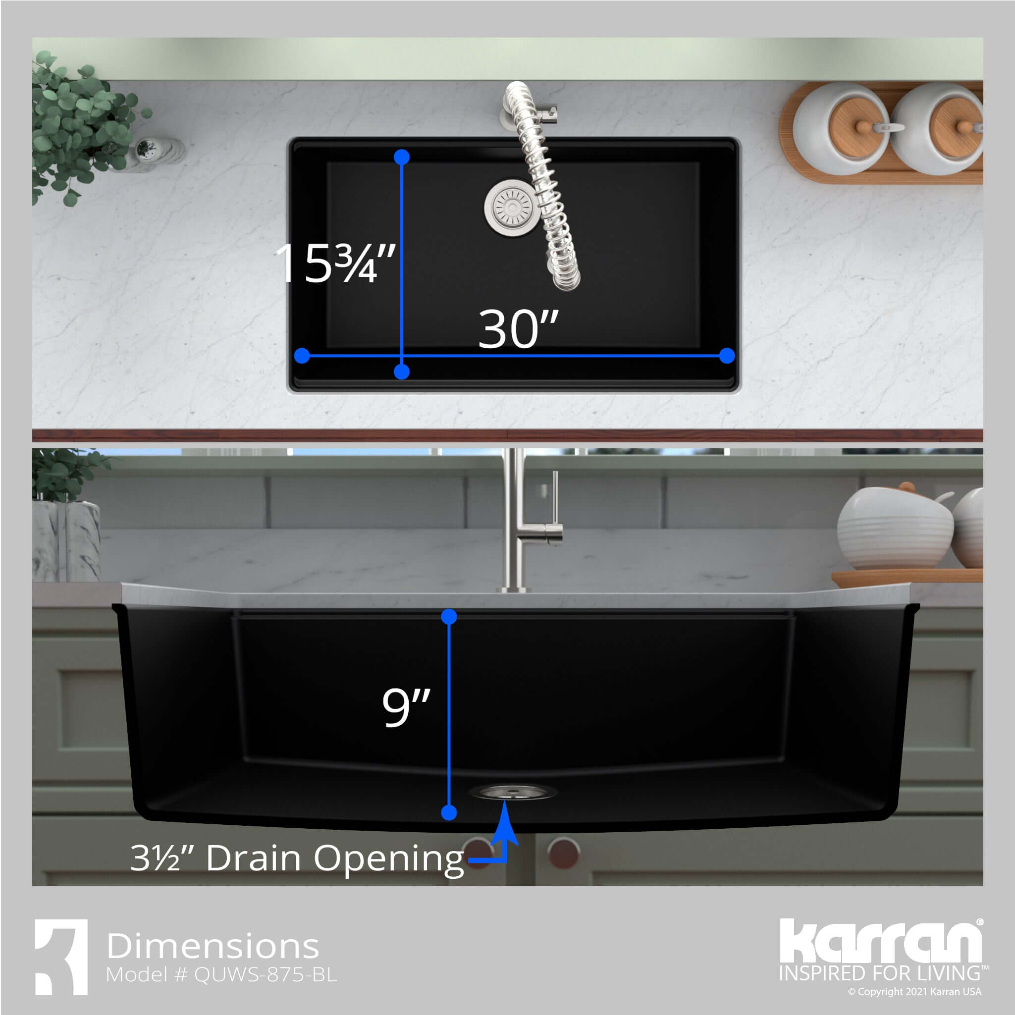 Karran 33" Undermount Quartz Composite Workstation Kitchen Sink with Accessories, Black, QUWS-875-BL