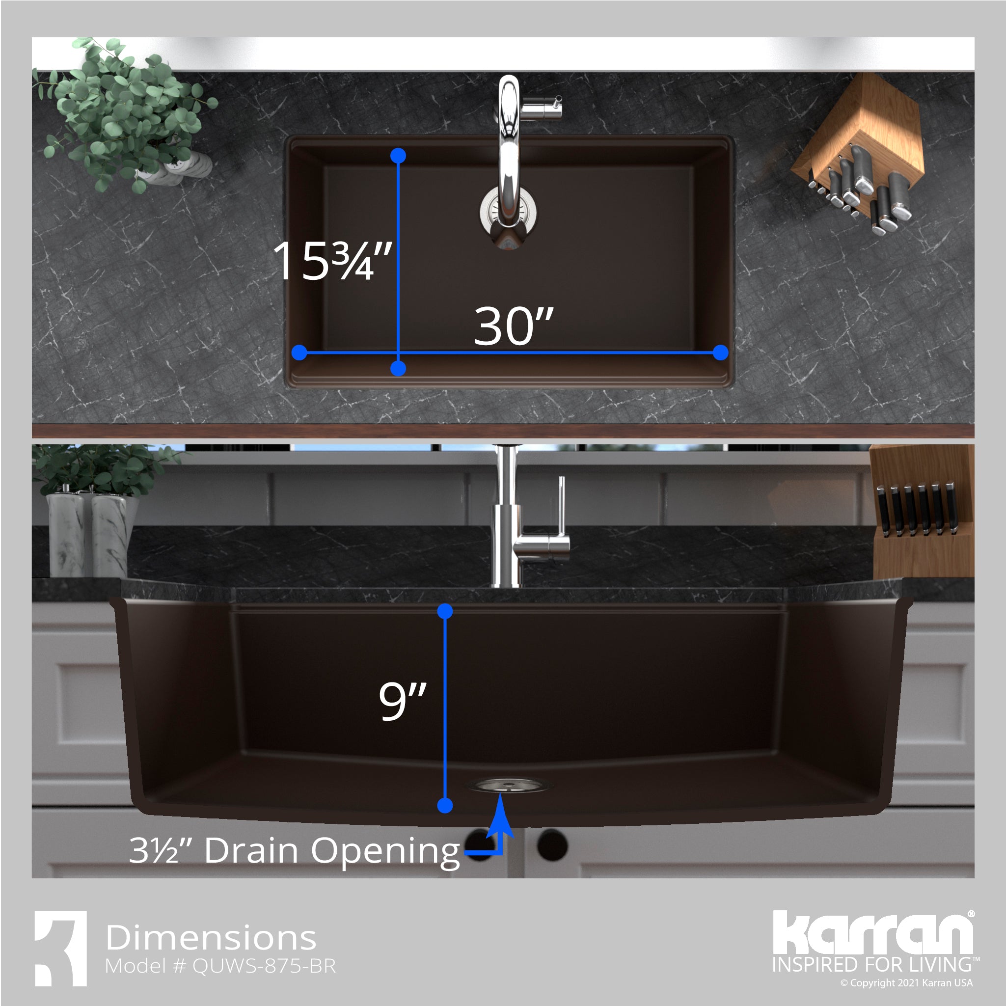 Karran 33" Undermount Quartz Composite Workstation Kitchen Sink with Accessories, Brown, QUWS-875-BR