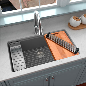 Alternate Image for Karran 33" Undermount Quartz Composite Workstation Kitchen Sink with Accessories, Grey, QUWS-875-GR