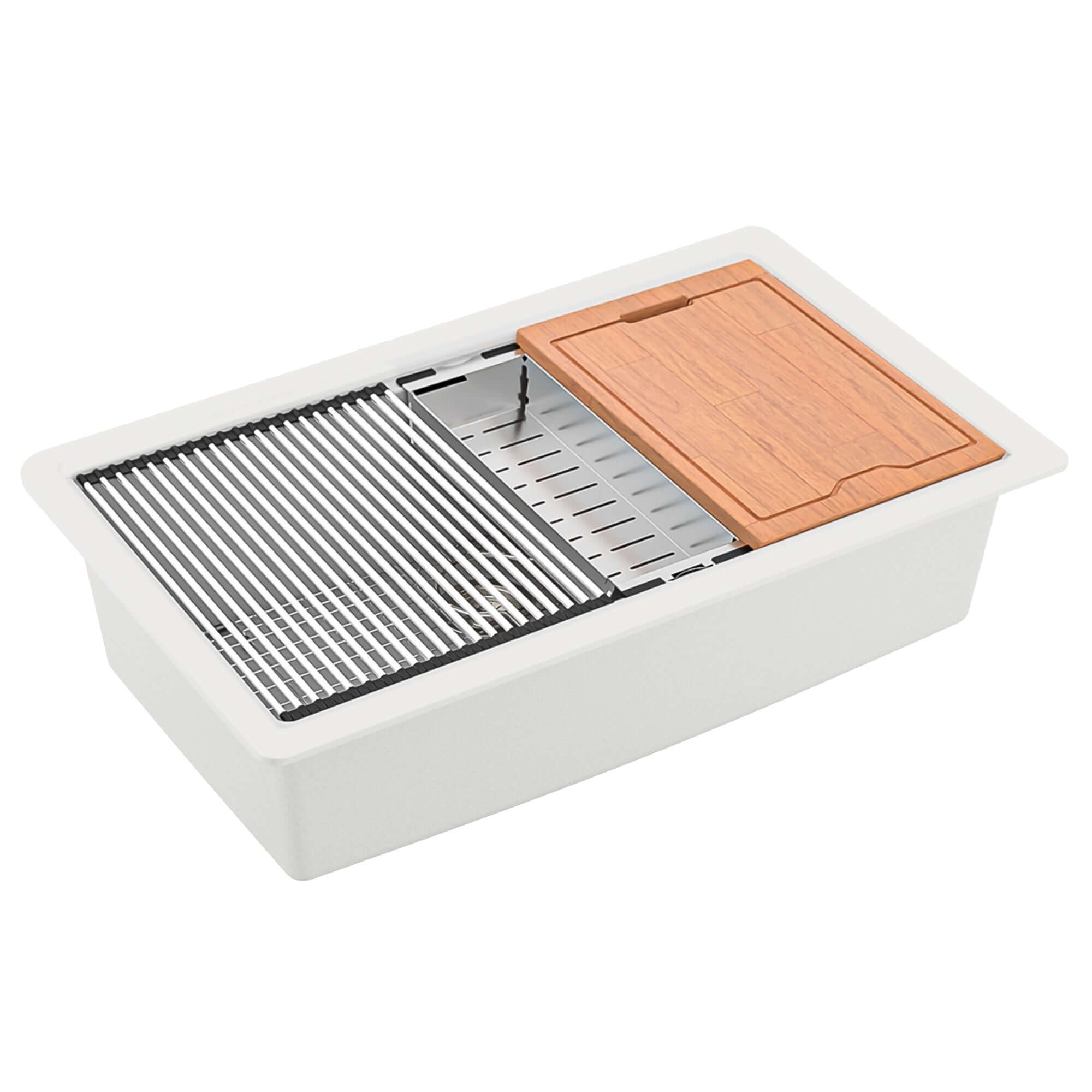 Karran 33" Undermount Quartz Composite Workstation Kitchen Sink with Accessories, White, QUWS-875-WH