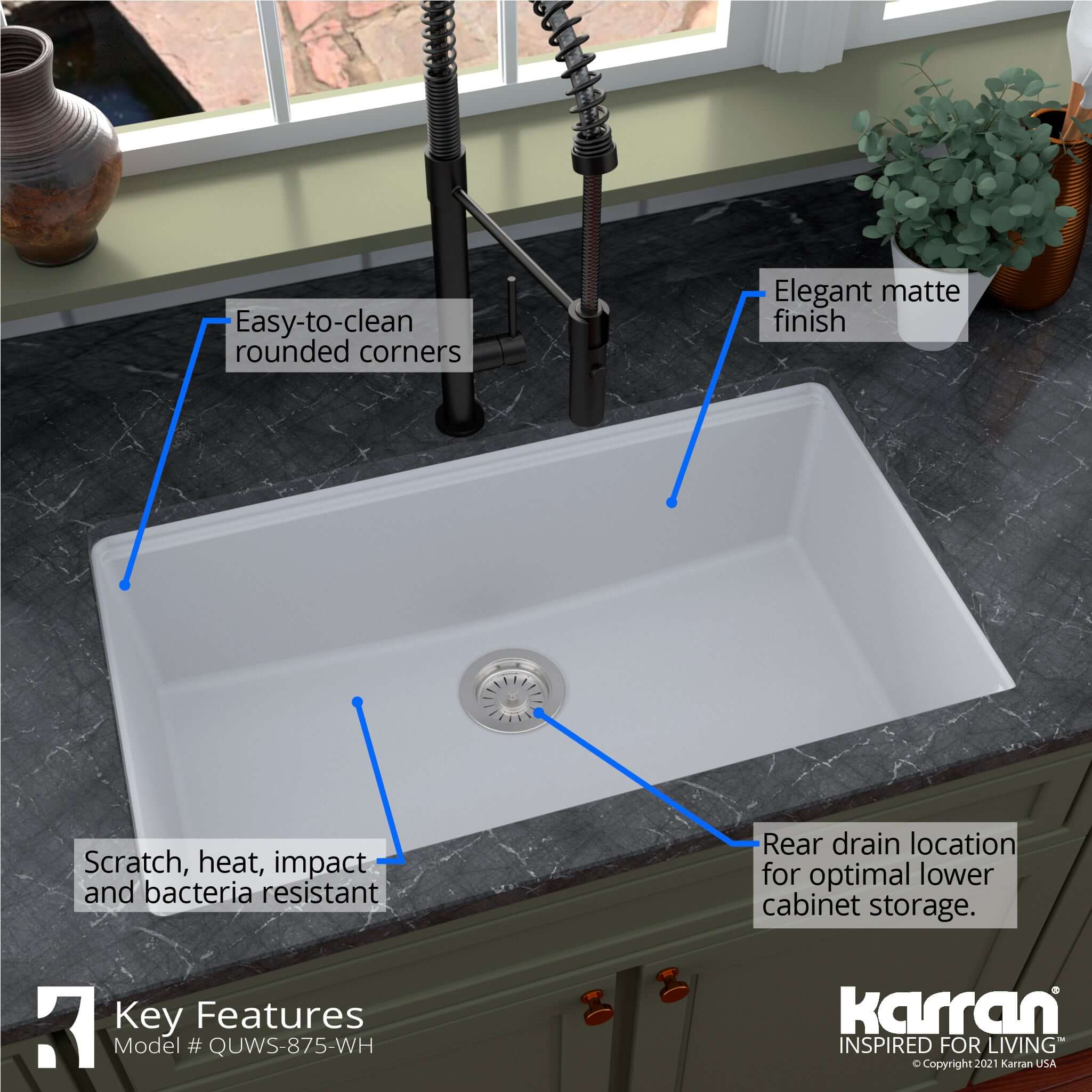 Karran 33" Undermount Quartz Composite Workstation Kitchen Sink with Accessories, White, QUWS-875-WH