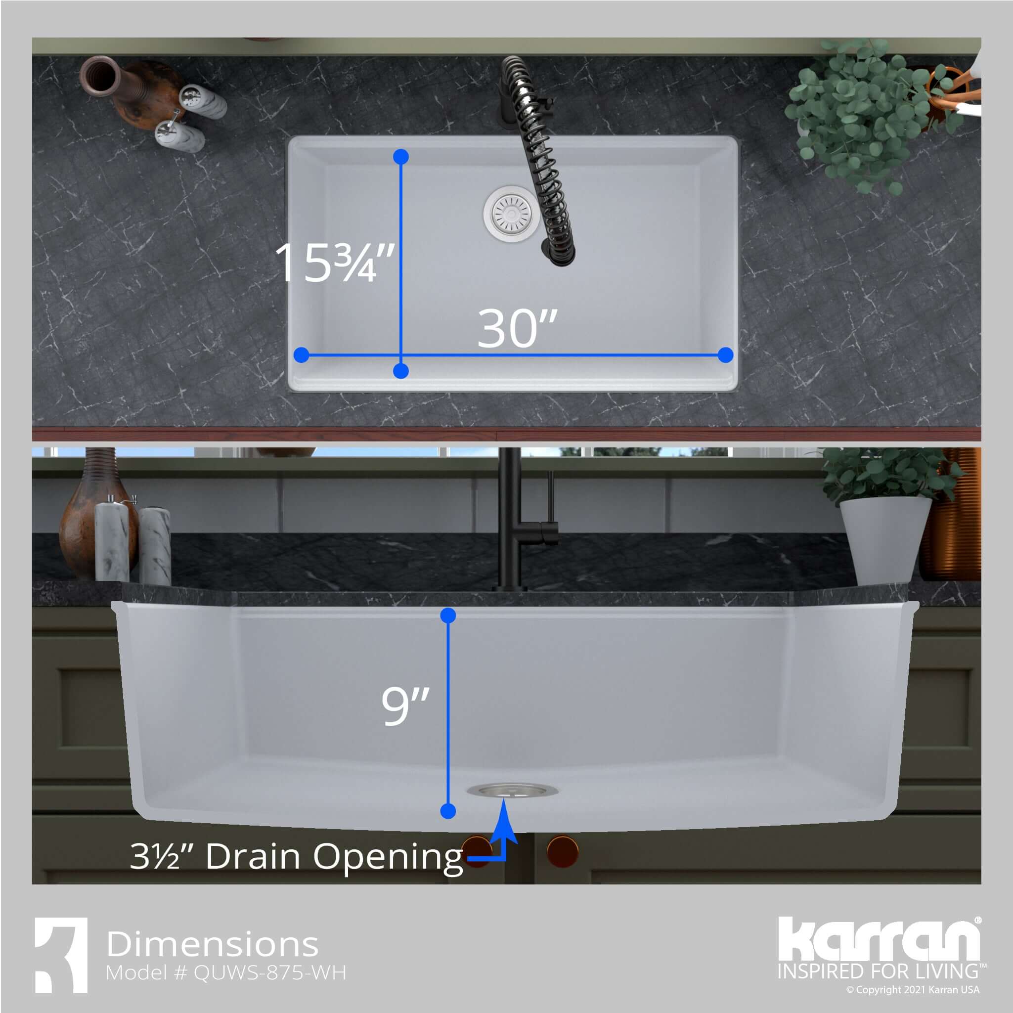 Karran 33" Undermount Quartz Composite Workstation Kitchen Sink with Accessories, White, QUWS-875-WH