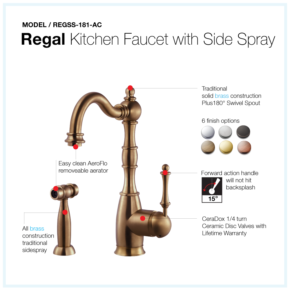 Houzer Regal Solid Brass Kitchen Faucet with Sidespray Antique Copper, REGSS-181-AC - The Sink Boutique