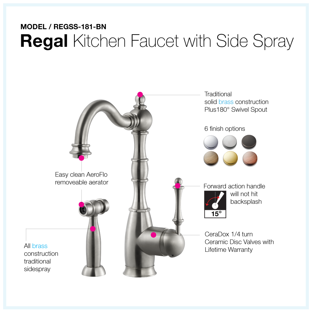 Houzer Regal Solid Brass Kitchen Faucet with Sidespray Brushed Nickel, REGSS-181-BN - The Sink Boutique