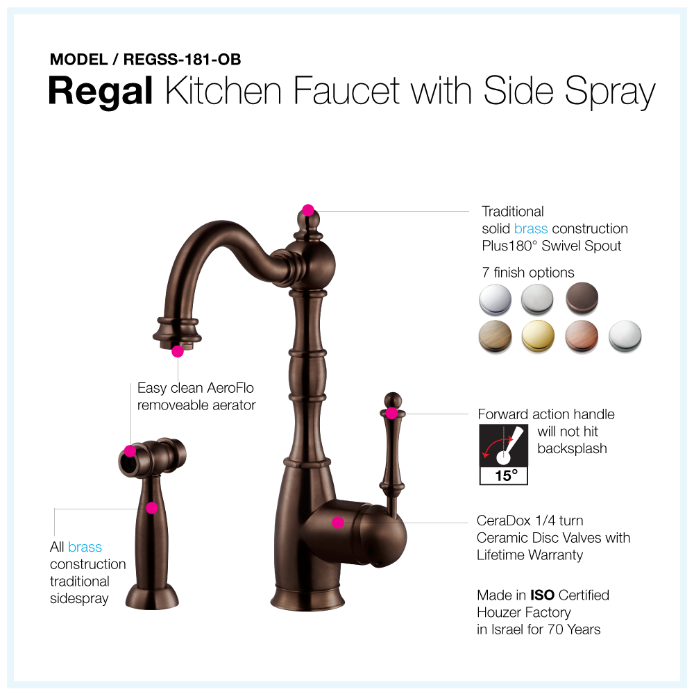 Houzer Regal Solid Brass Kitchen Faucet with Sidespray Oil Rubbed Bronze, REGSS-181-OB