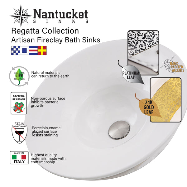 Nantucket Sinks Regatta 19" Fireclay Bathroom Sink, White/Gold, RC74040PG