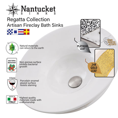 Nantucket Sinks Regatta 25" Fireclay Bathroom Sink, White/Gold, RC70640GS