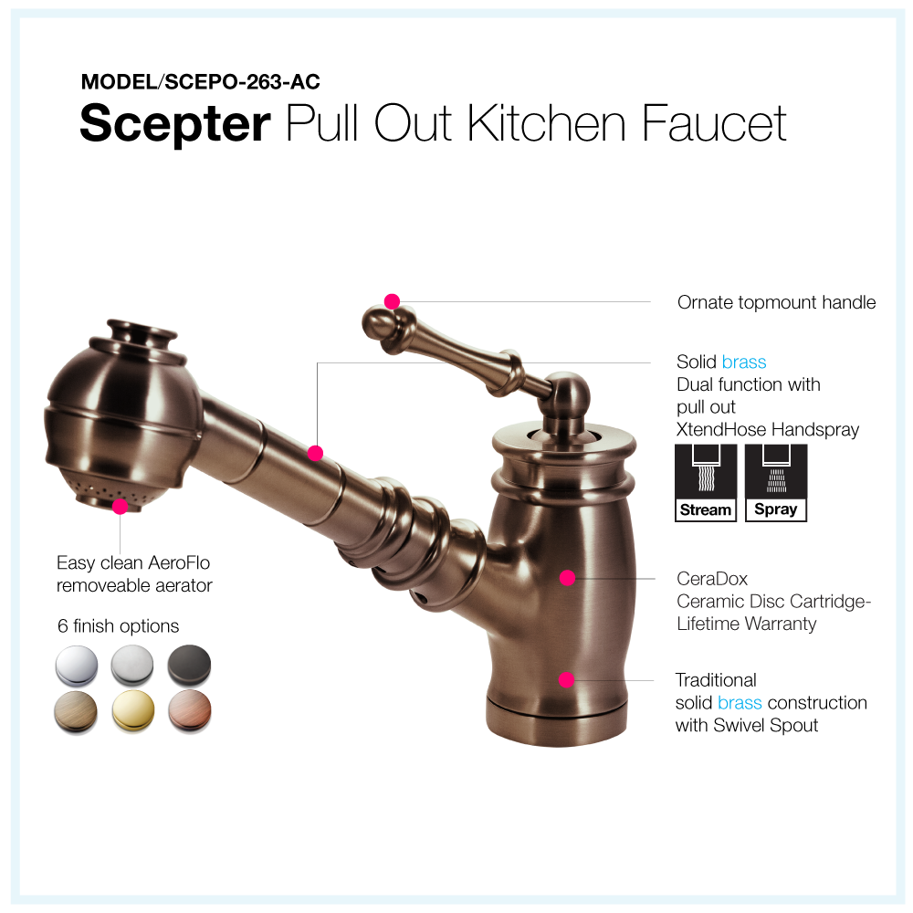 Houzer Scepter Pull Out Solid Brass Kitchen Faucet Antique Copper, SCEPO-263-AC - The Sink Boutique