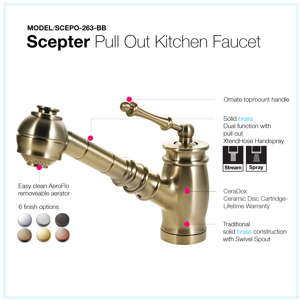 Houzer Scepter Pull Out Solid Brass Kitchen Faucet Brushed Brass, SCEPO-263-BB - The Sink Boutique