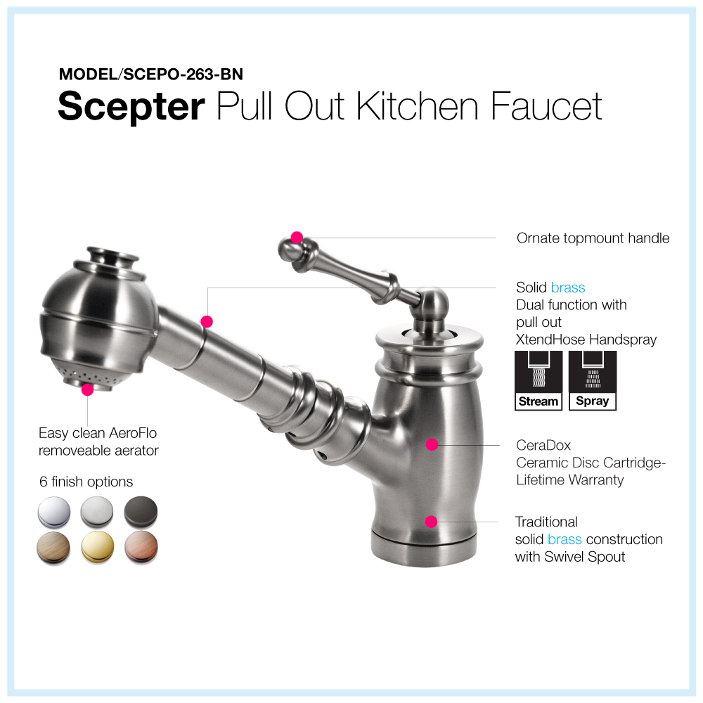 Houzer Scepter Pull Out Solid Brass Kitchen Faucet Brushed Nickel, SCEPO-263-BN - The Sink Boutique