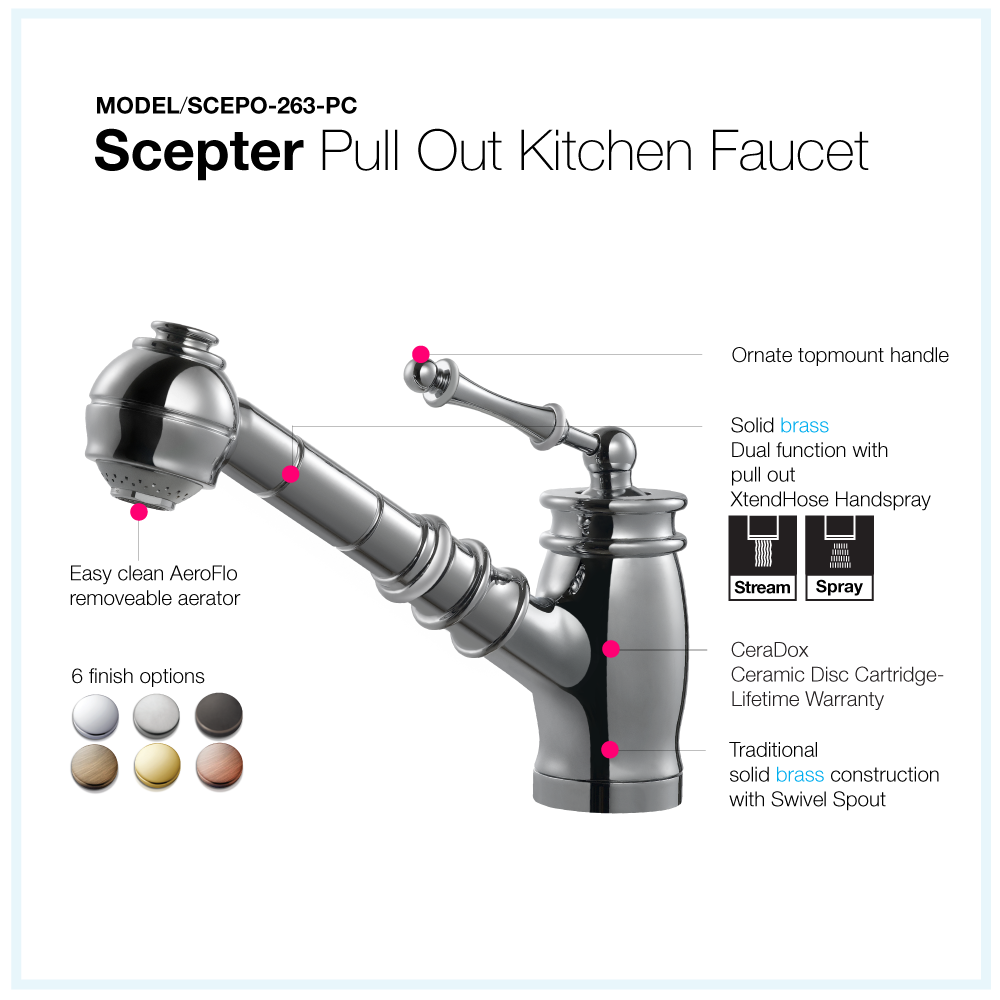 Houzer Scepter Pull Out Traditional Solid Brass Kitchen Faucet CeraDox Technology Polished Chrome, SCEPO-263-PC - The Sink Boutique