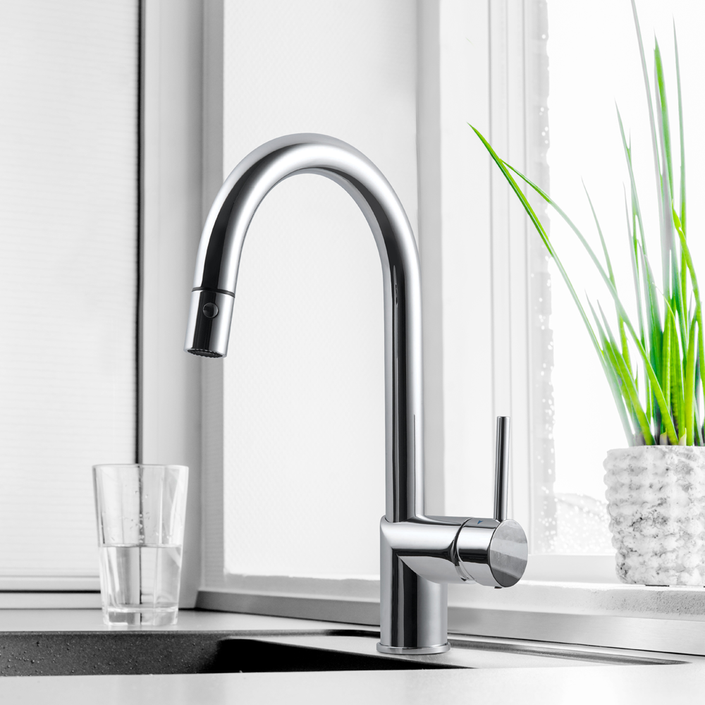 Houzer Sentinel Pull Down Kitchen Faucet Hot Water Safety Brushed Nickel, SENPD-466-BN - The Sink Boutique