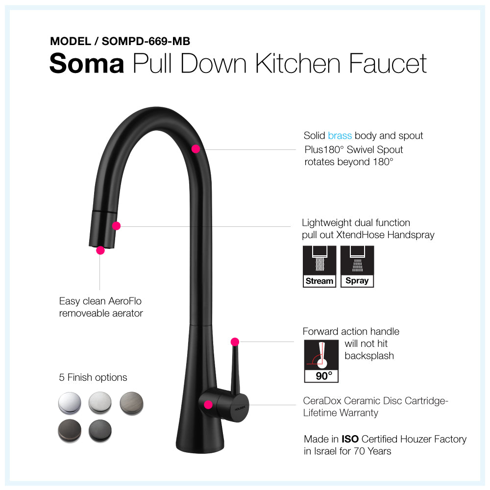 Houzer Soma 1.75 GPM Lever Brass Kitchen Faucet, Pull Down, Matte Black, SOMPD-669-MB