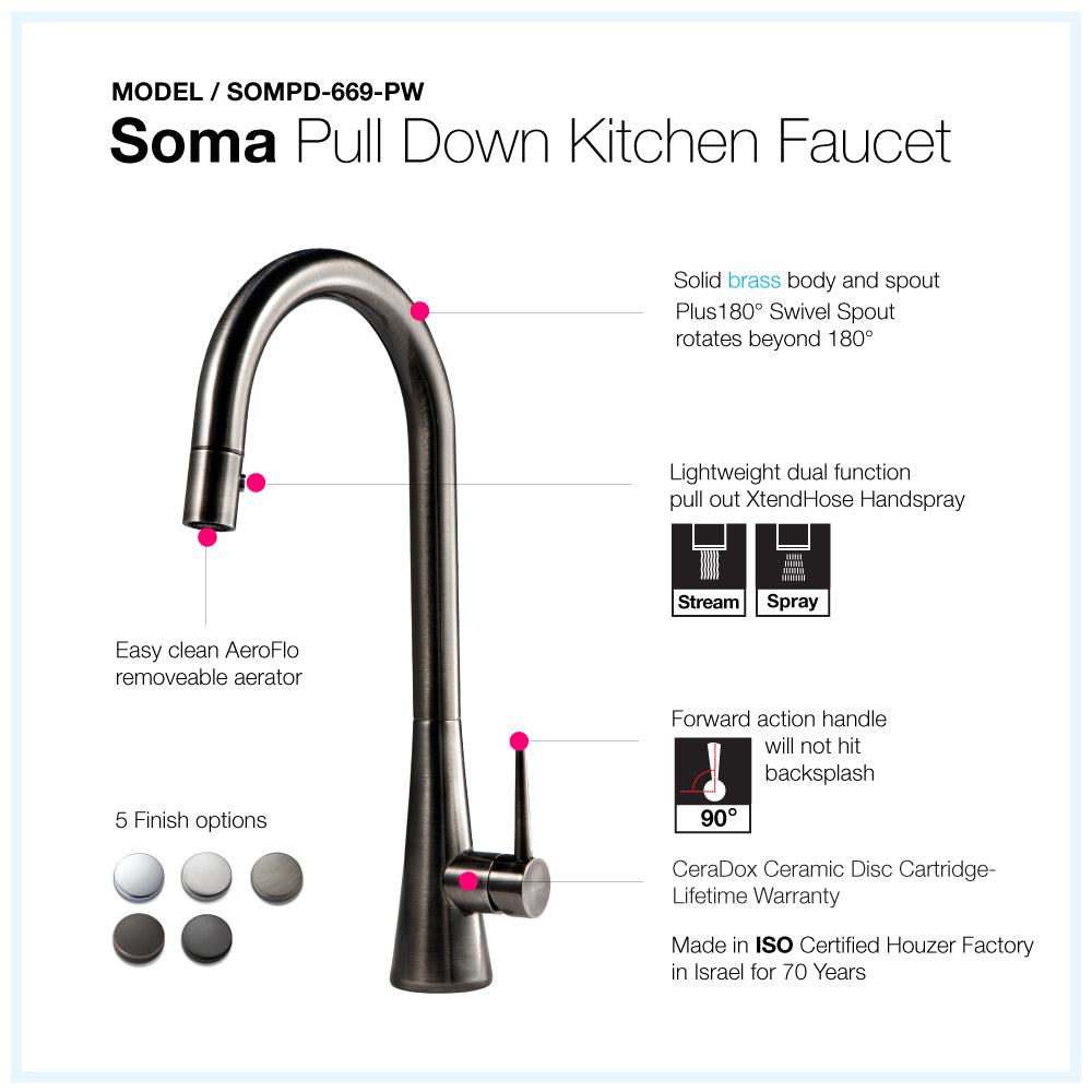 Houzer Soma 1.75 GPM Lever Brass Kitchen Faucet, Pull Down, Pewter, SOMPD-669-PW