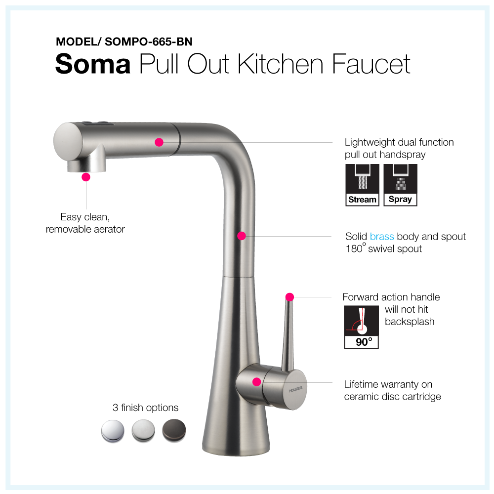 Houzer Soma Pull Out Kitchen Faucet Brushed Nickel, SOMPO-665-BN - The Sink Boutique