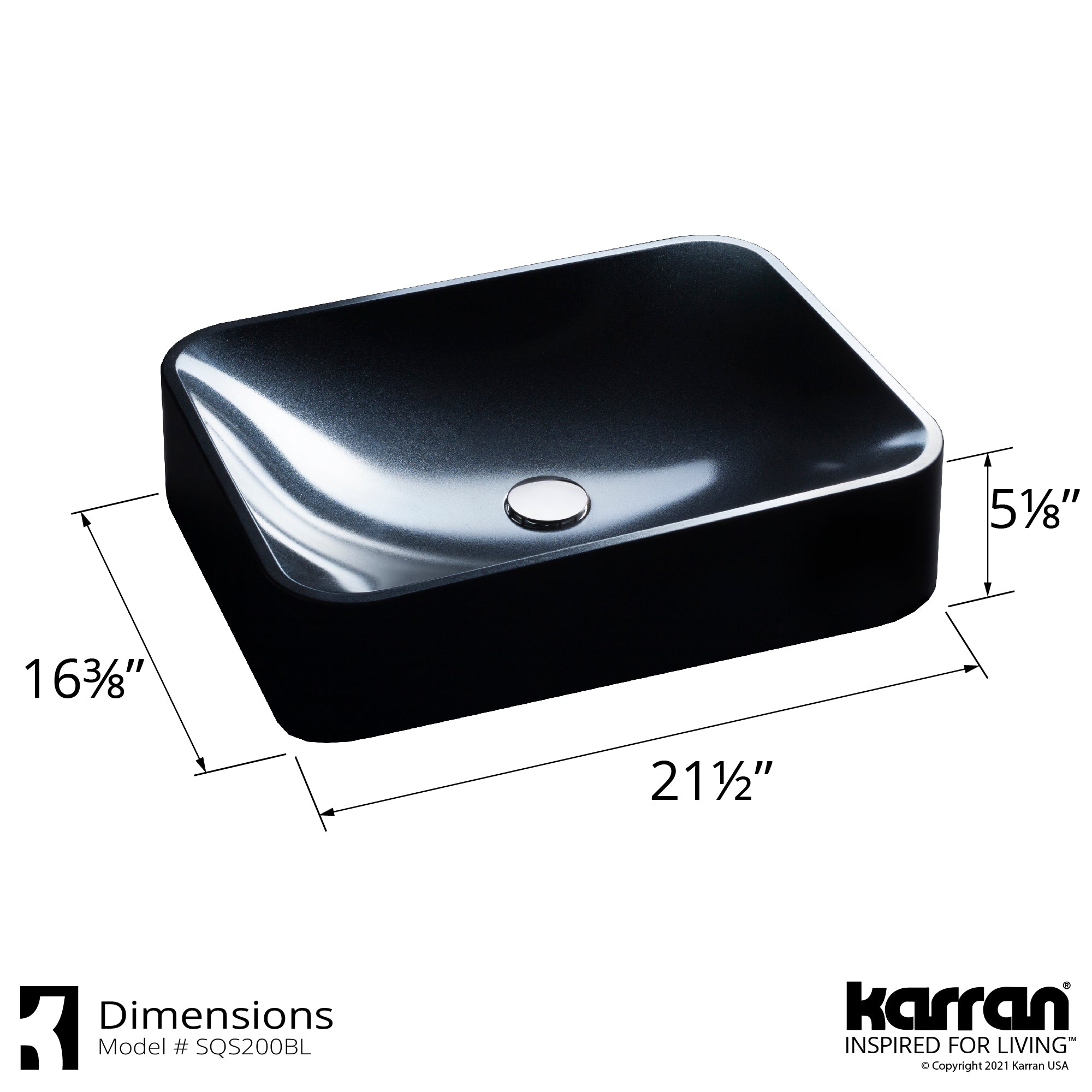 Karran Sternhagen Sea Crest 21.5" x 16.375" Rectangular Vessel Quartz Composite ADA Bathroom Sink, Black, SQS200BL