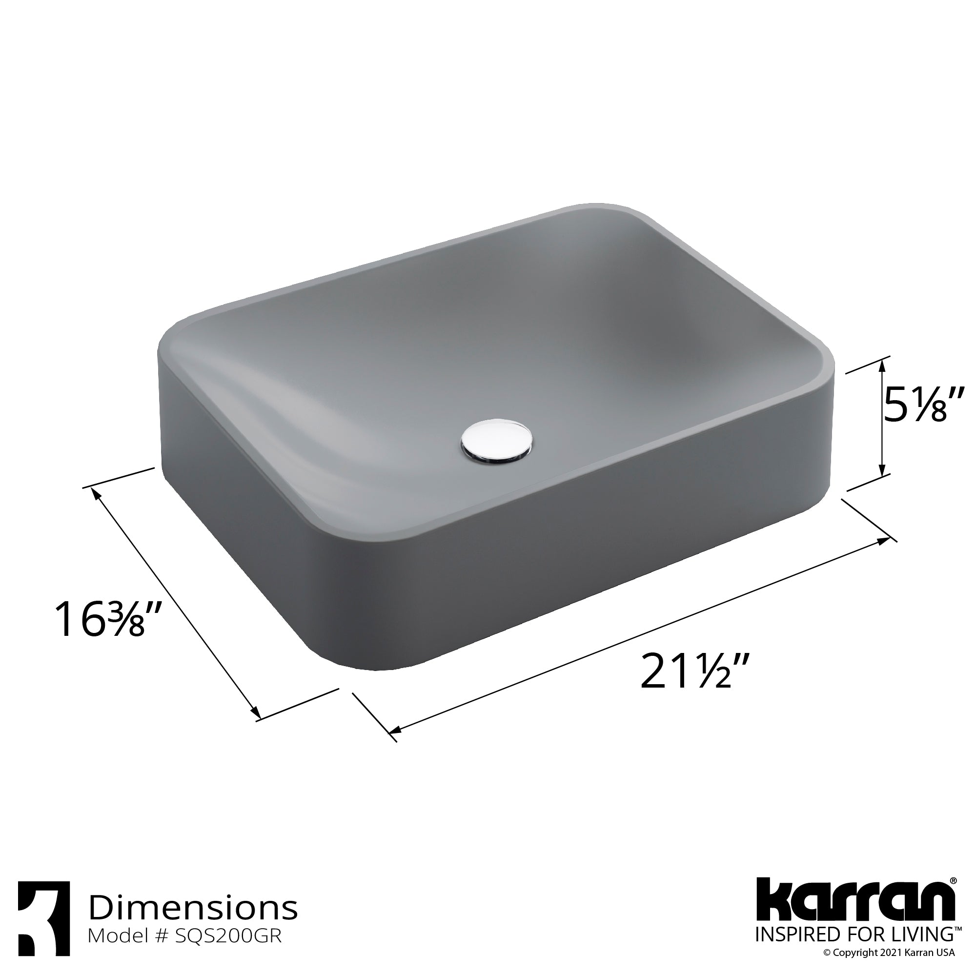 Karran Sternhagen Sea Crest 21.5" x 16.375" Rectangular Vessel Quartz Composite ADA Bathroom Sink, Grey, SQS200GR