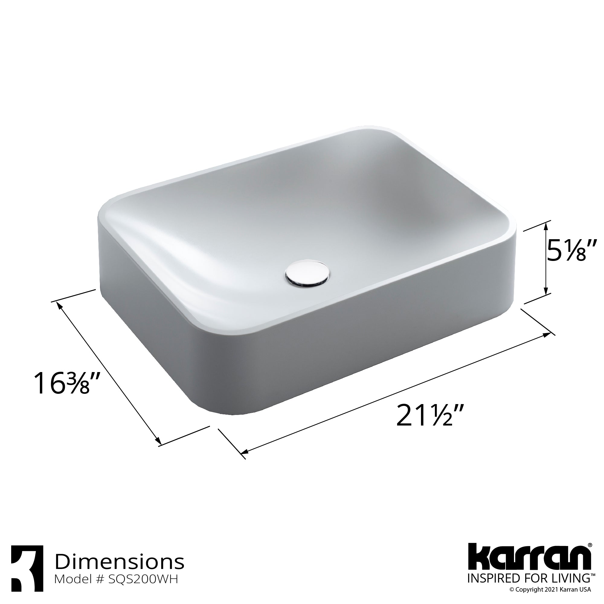 Karran Sternhagen Sea Crest 21.5" x 16.375" Rectangular Vessel Quartz Composite ADA Bathroom Sink, White, SQS200WH