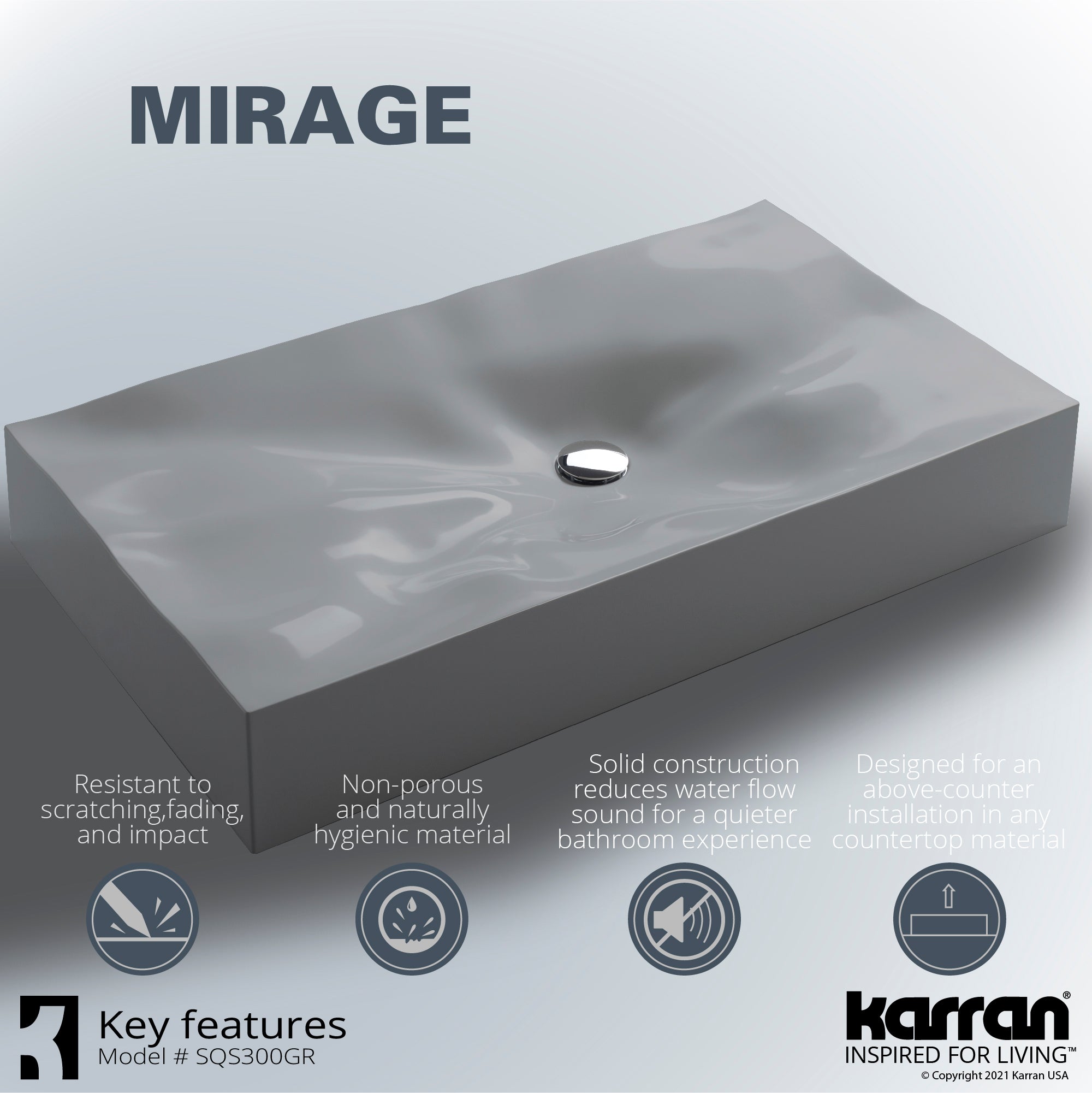 Karran Sternhagen Mirage 32.125" x 18.25" Rectangular Vessel Quartz Composite ADA Bathroom Sink, Grey, SQS300GR