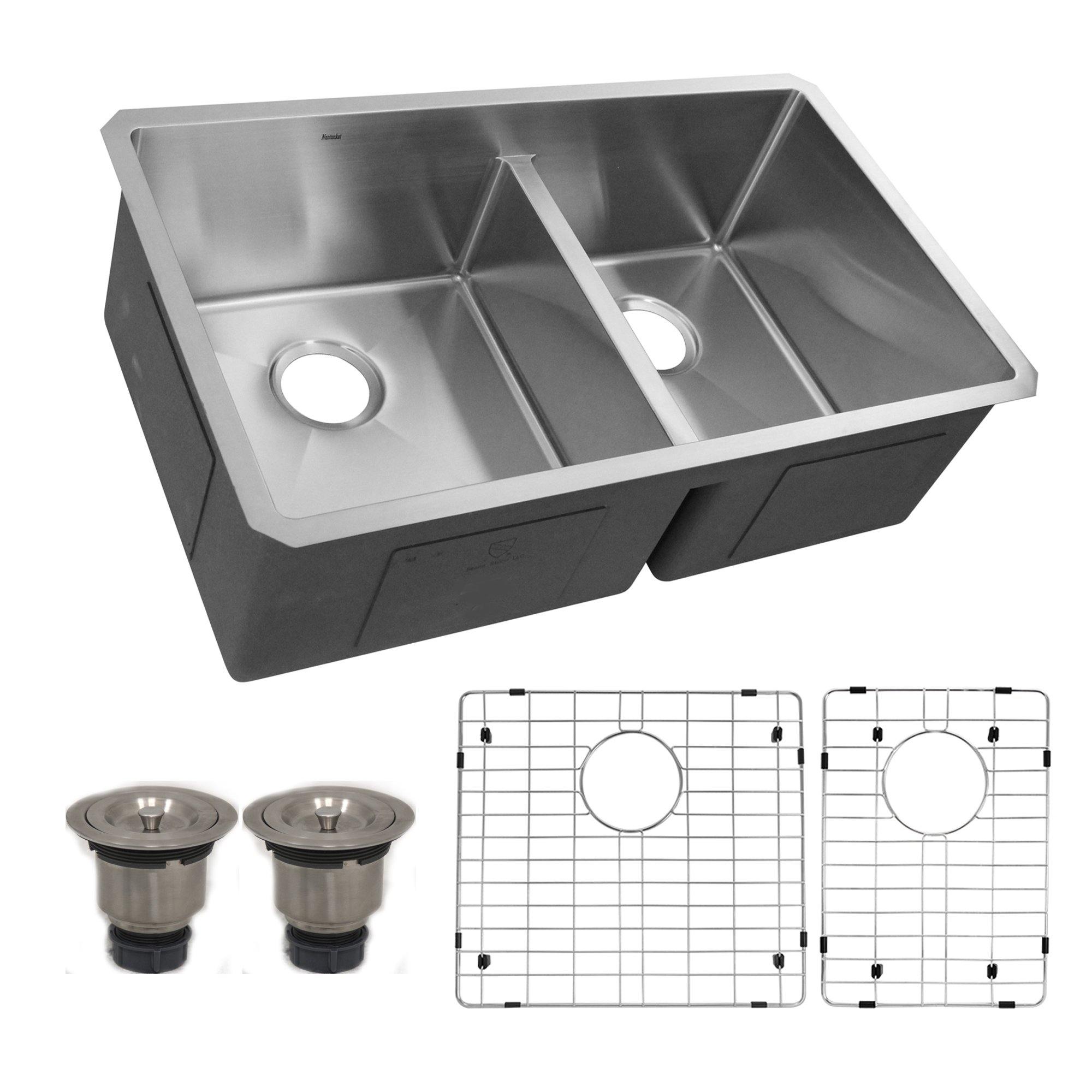 Nantucket Sinks Pro Series 32" Undermount 304 Stainless Steel Kitchen Sink with Accessories, 55/45 Double Bowl, Silver, SR3219-OS-16 - The Sink Boutique
