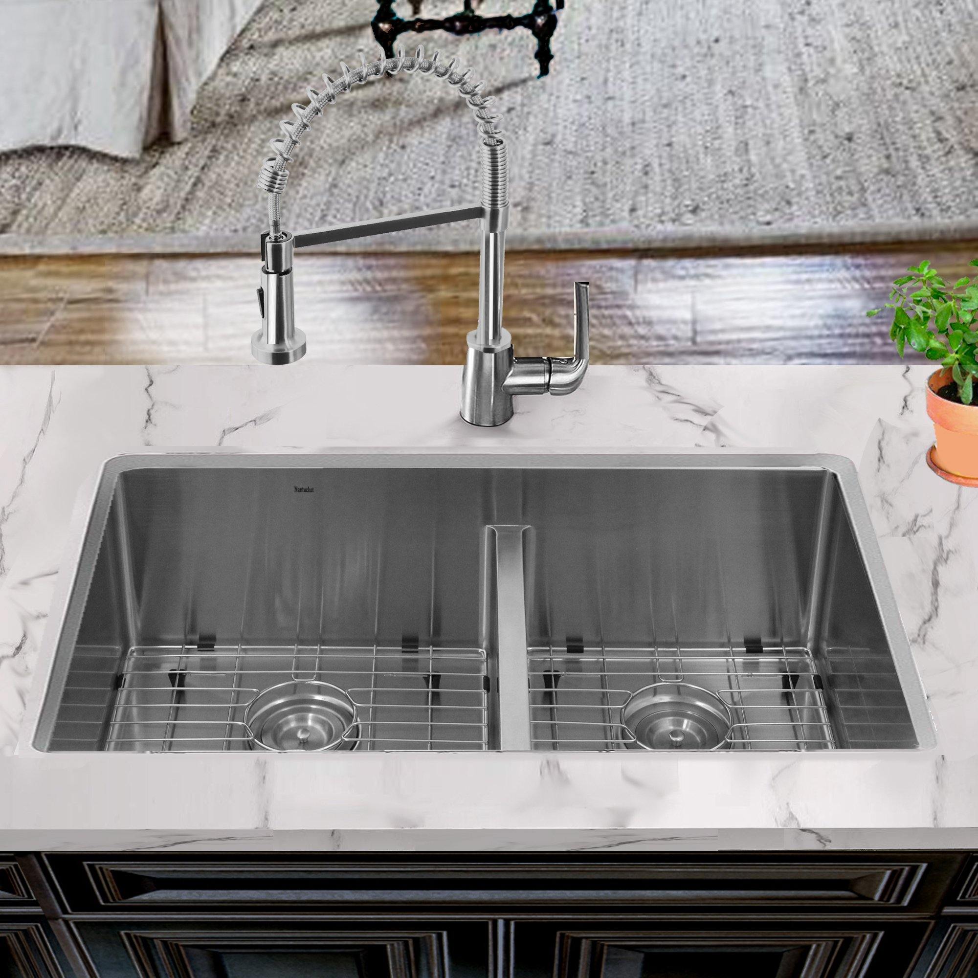 Nantucket Sinks Pro Series 32" Undermount 304 Stainless Steel Kitchen Sink with Accessories, 55/45 Double Bowl, Silver, SR3219-OS-16 - The Sink Boutique