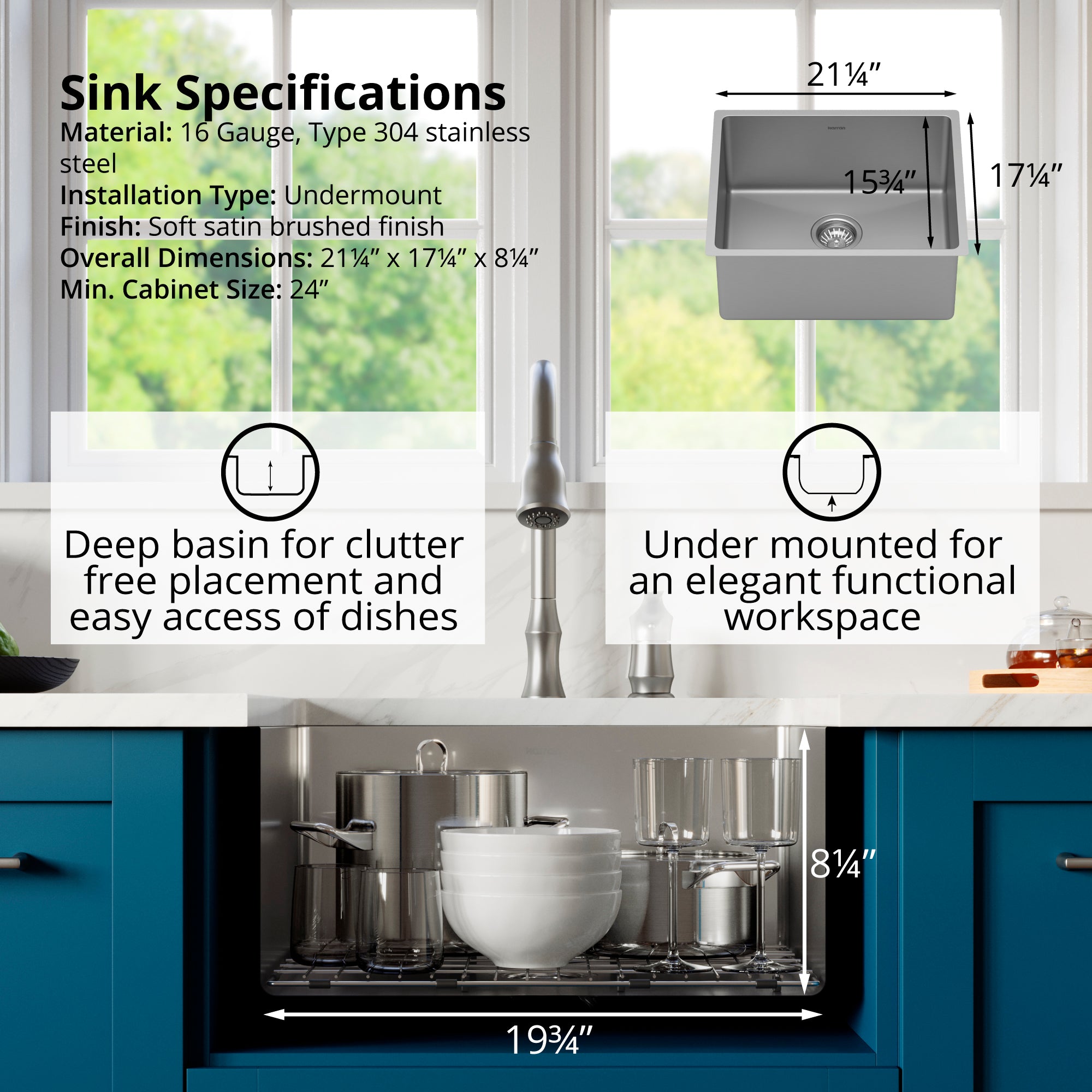 Karran Select 21" Undermount Stainless Steel Kitchen Sink with Accessories, 16 Gauge, SU73-PK1