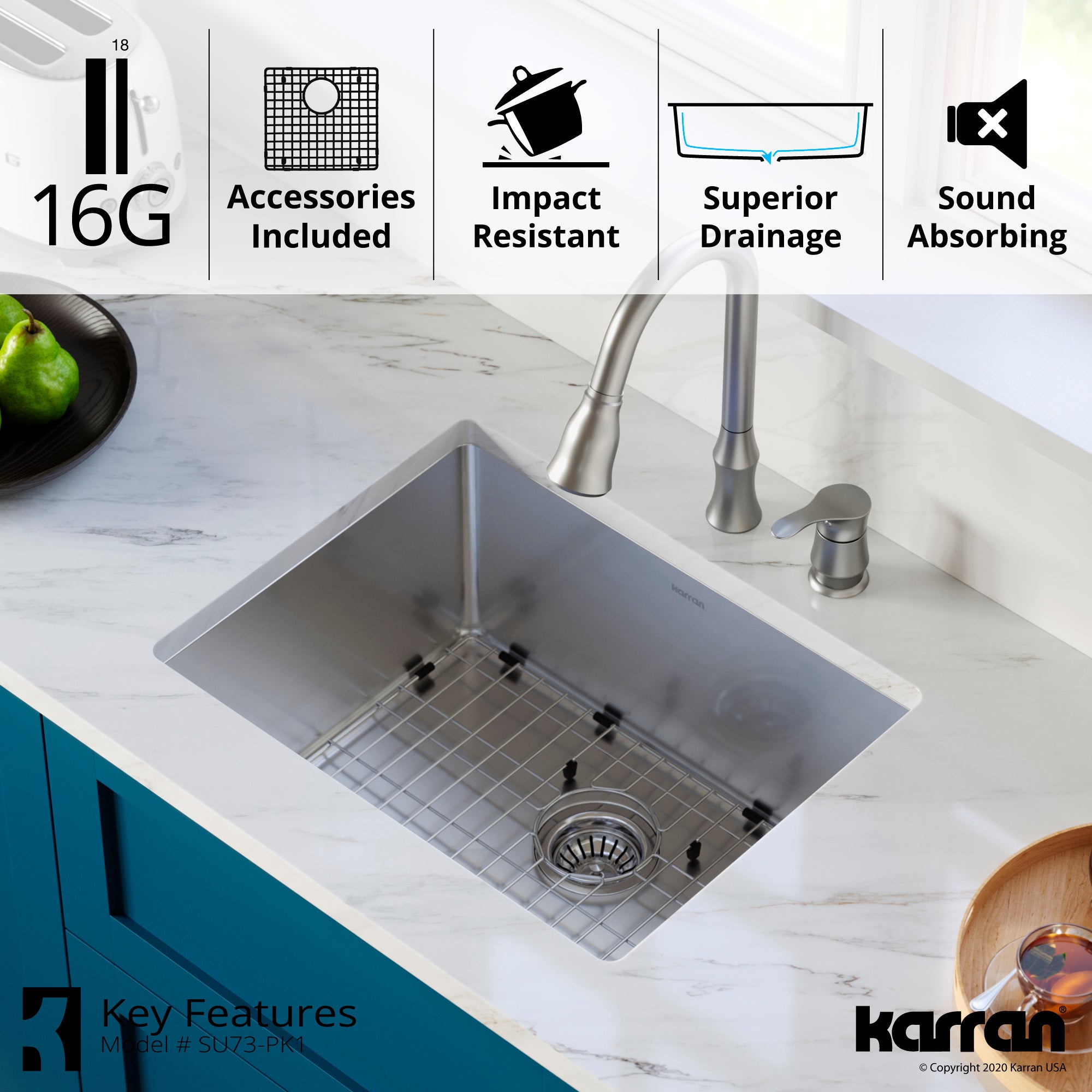 Karran Select 21" Undermount Stainless Steel Kitchen Sink with Accessories, 16 Gauge, SU73-PK1