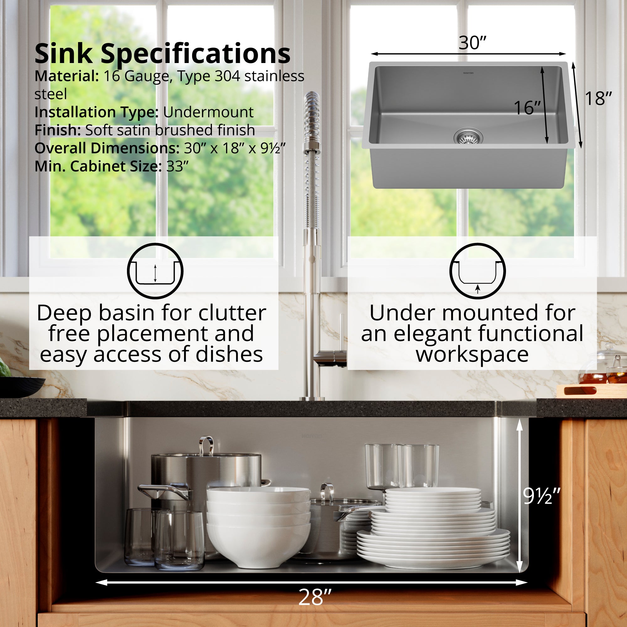 Karran Select 30" Undermount Stainless Steel Kitchen Sink with Accessories, 16 Gauge, SU74-PK1