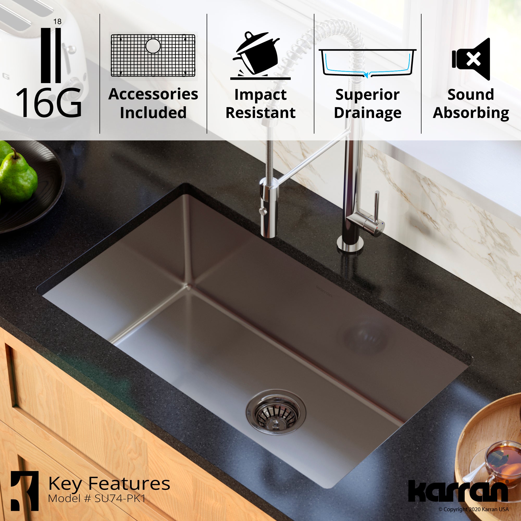 Karran Select 30" Undermount Stainless Steel Kitchen Sink with Accessories, 16 Gauge, SU74-PK1