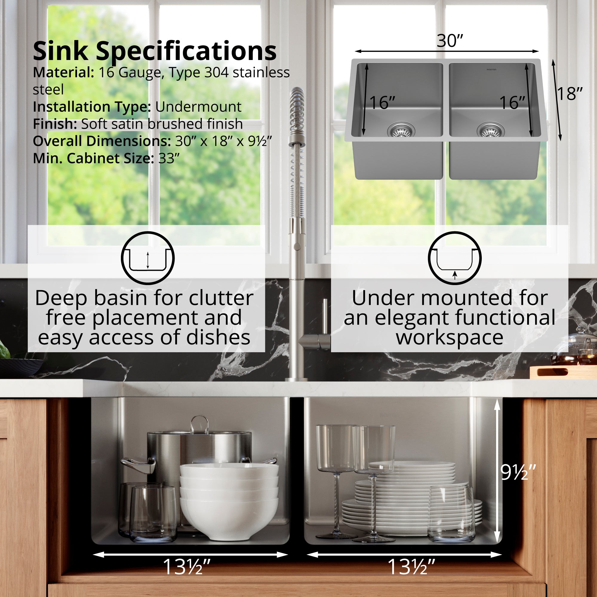 Karran Select 30" Undermount Stainless Steel Kitchen Sink with Accessories, 50/50 Double Bowl, 16 Gauge, SU76-PK1