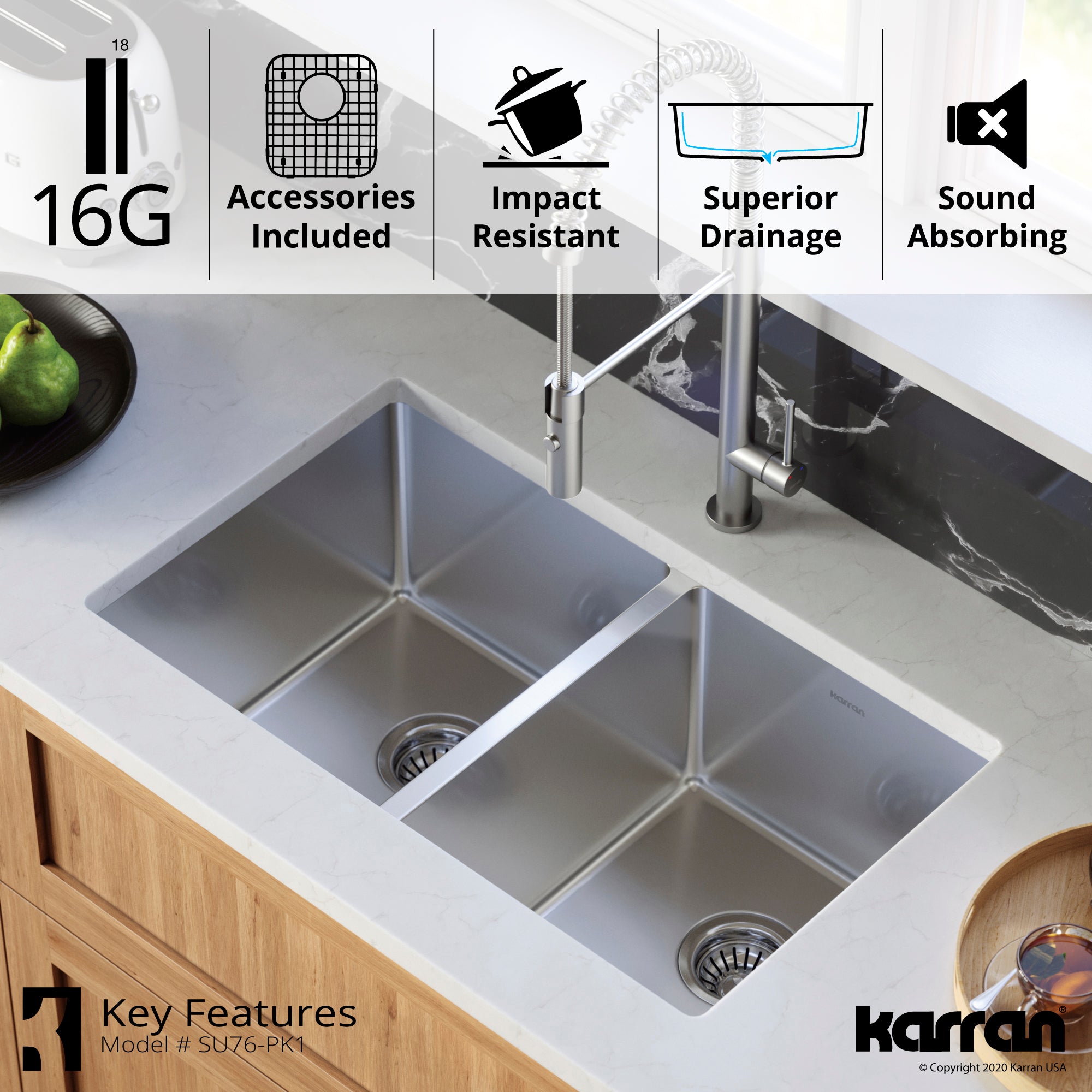 Karran Select 30" Undermount Stainless Steel Kitchen Sink with Accessories, 50/50 Double Bowl, 16 Gauge, SU76-PK1