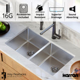 Karran Select 32" Undermount Stainless Steel Kitchen Sink with Accessories, 50/50 Double Bowl, 16 Gauge, SU77-PK1